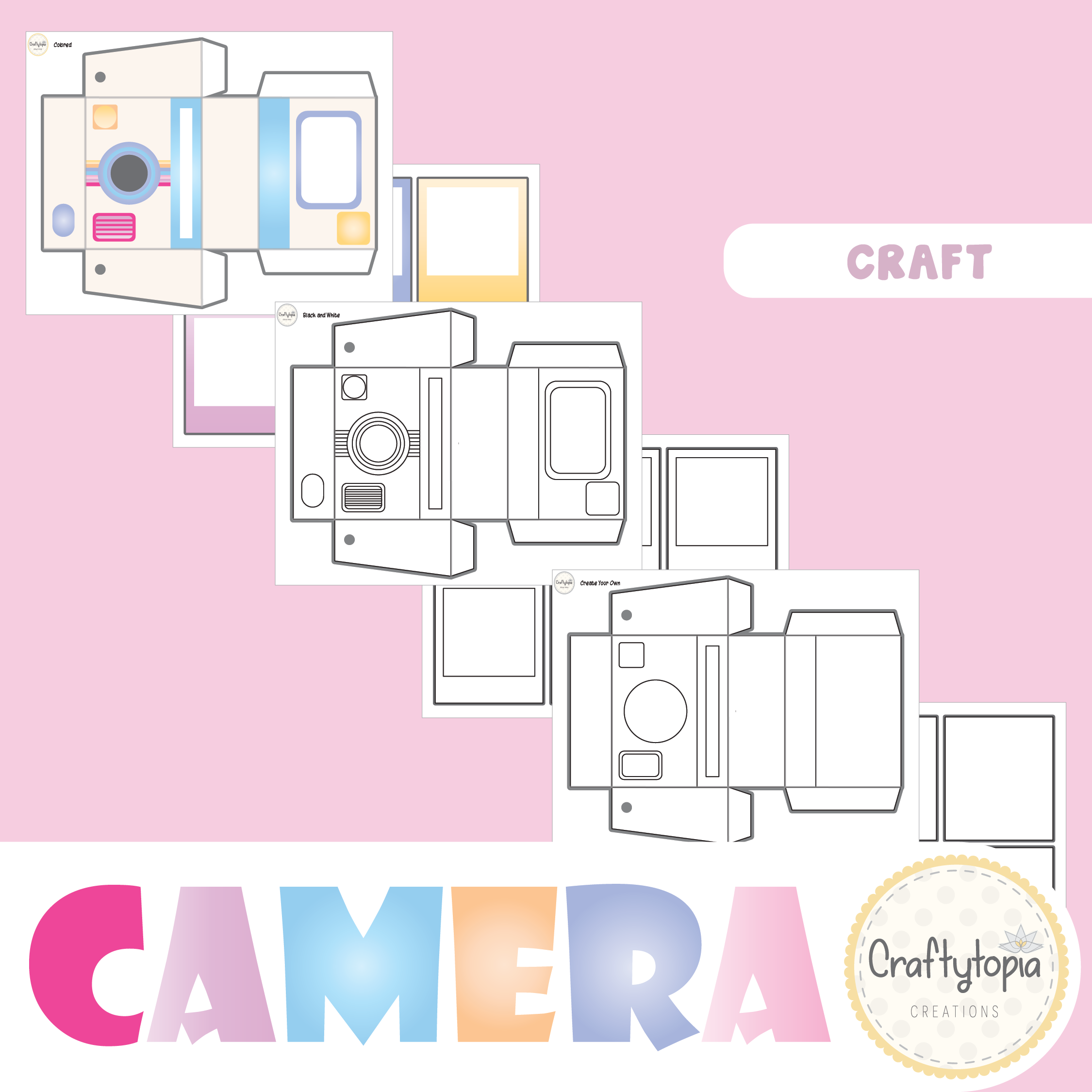 Printable Camera Craft Kids Activity for coloring and blank templates
