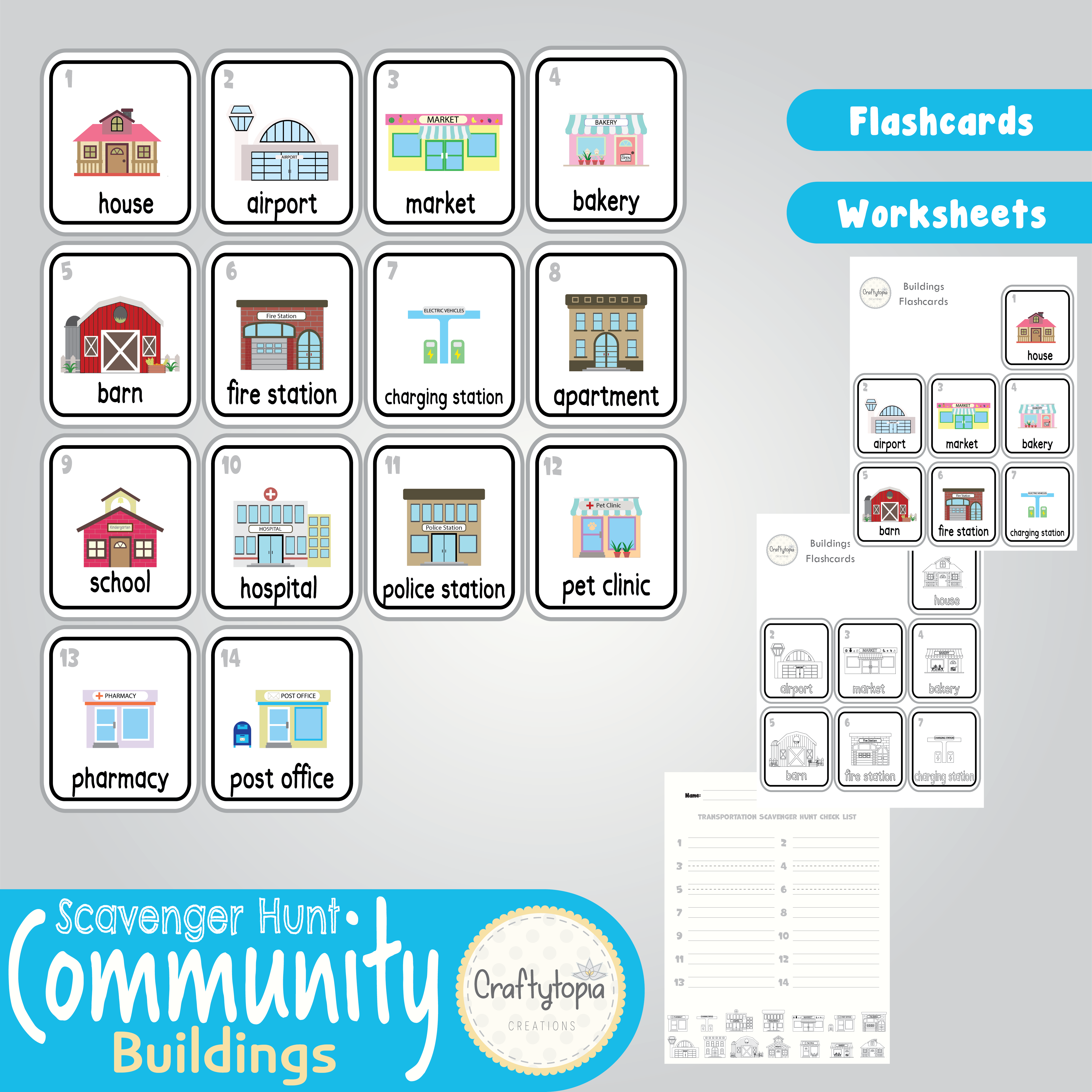 Printable Community Helpers Buildings Flashcards and Scavenger Hunt 