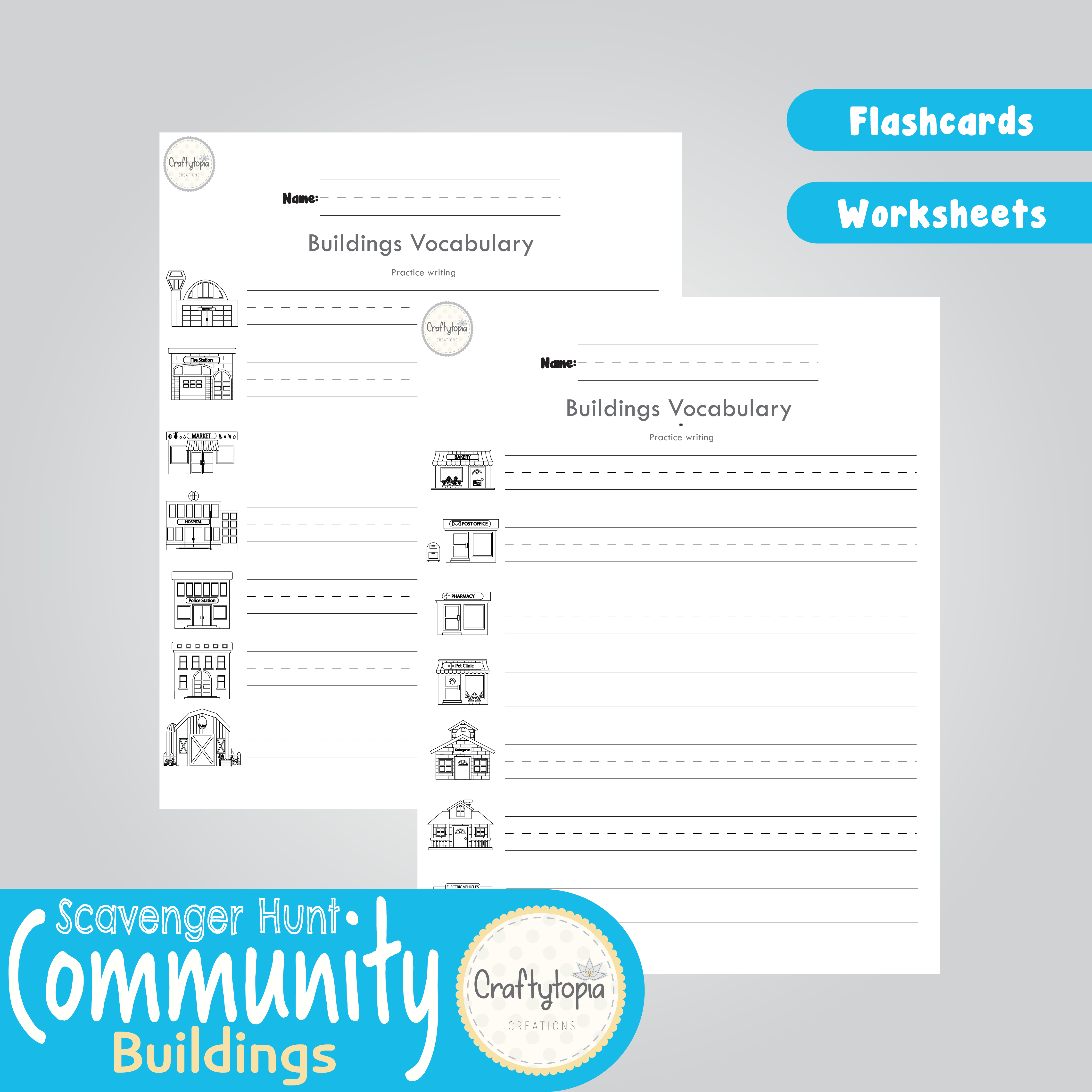 Printable Community Helpers Buildings Flashcards and Scavenger Hunt Worksheets
