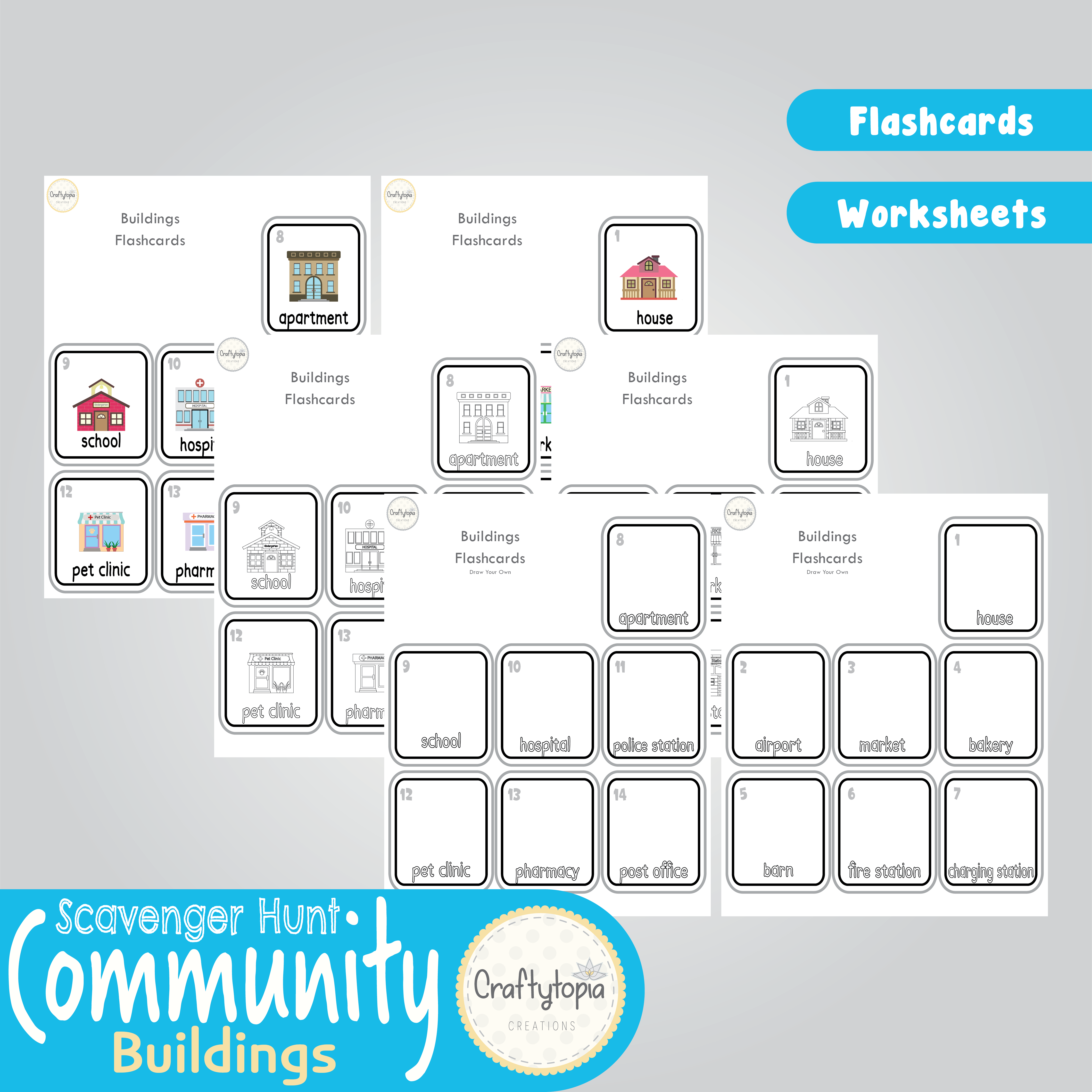 Printable Community Helpers Buildings Flashcards and Scavenger Hunt for coloring