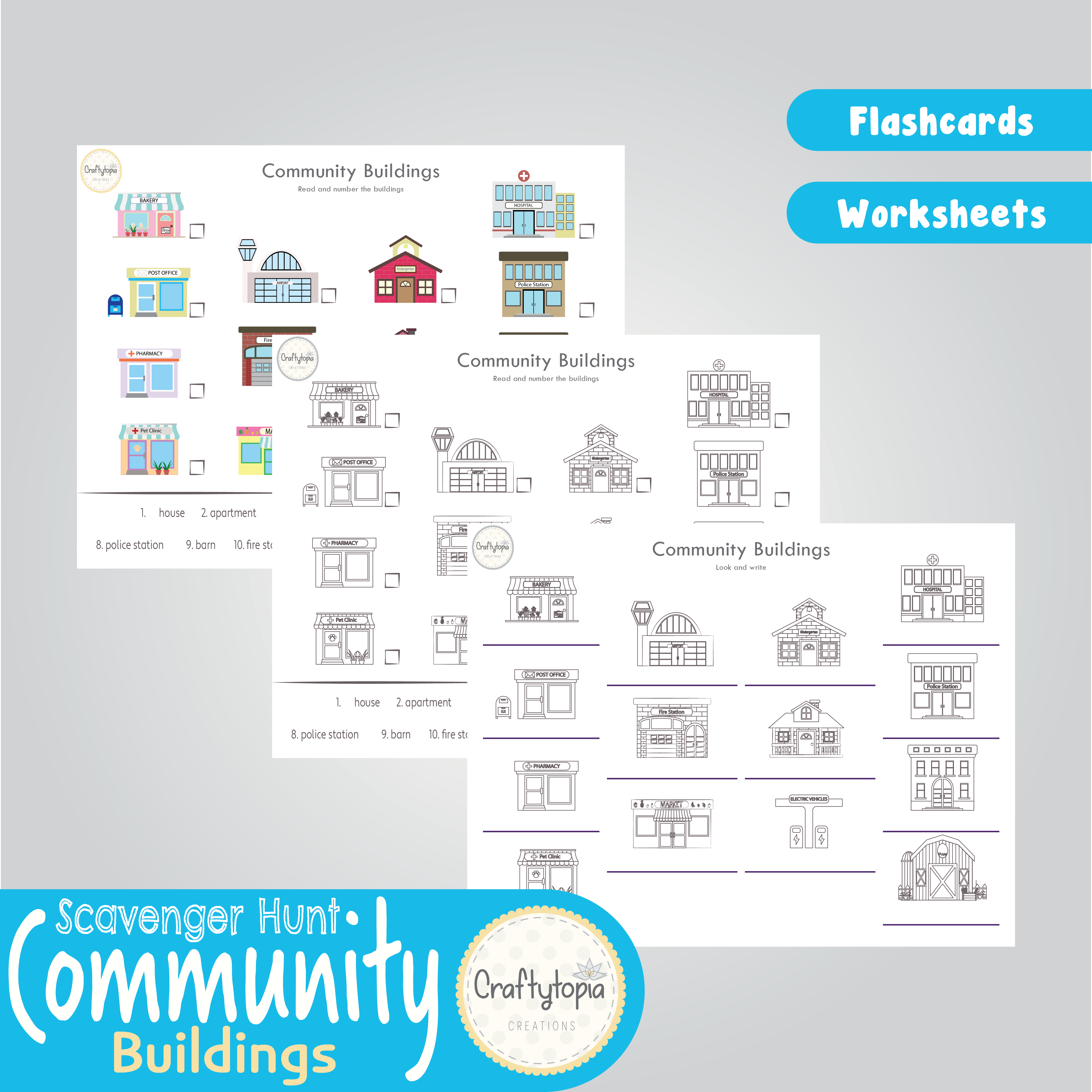 Printable Community Helpers Buildings Flashcards and Scavenger Hunt for coloring
