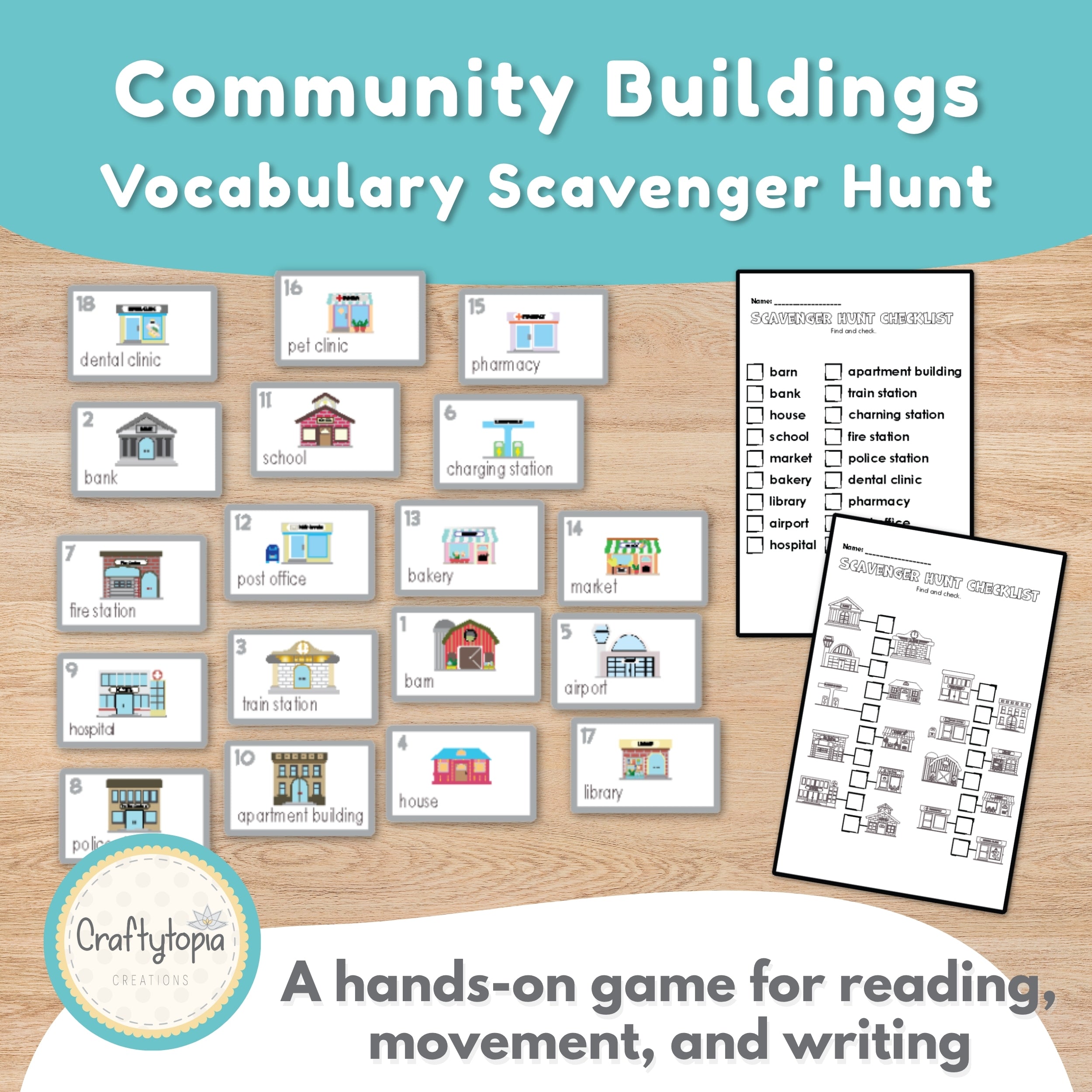 Community buildings flashcards scavenger hunt printable for kids