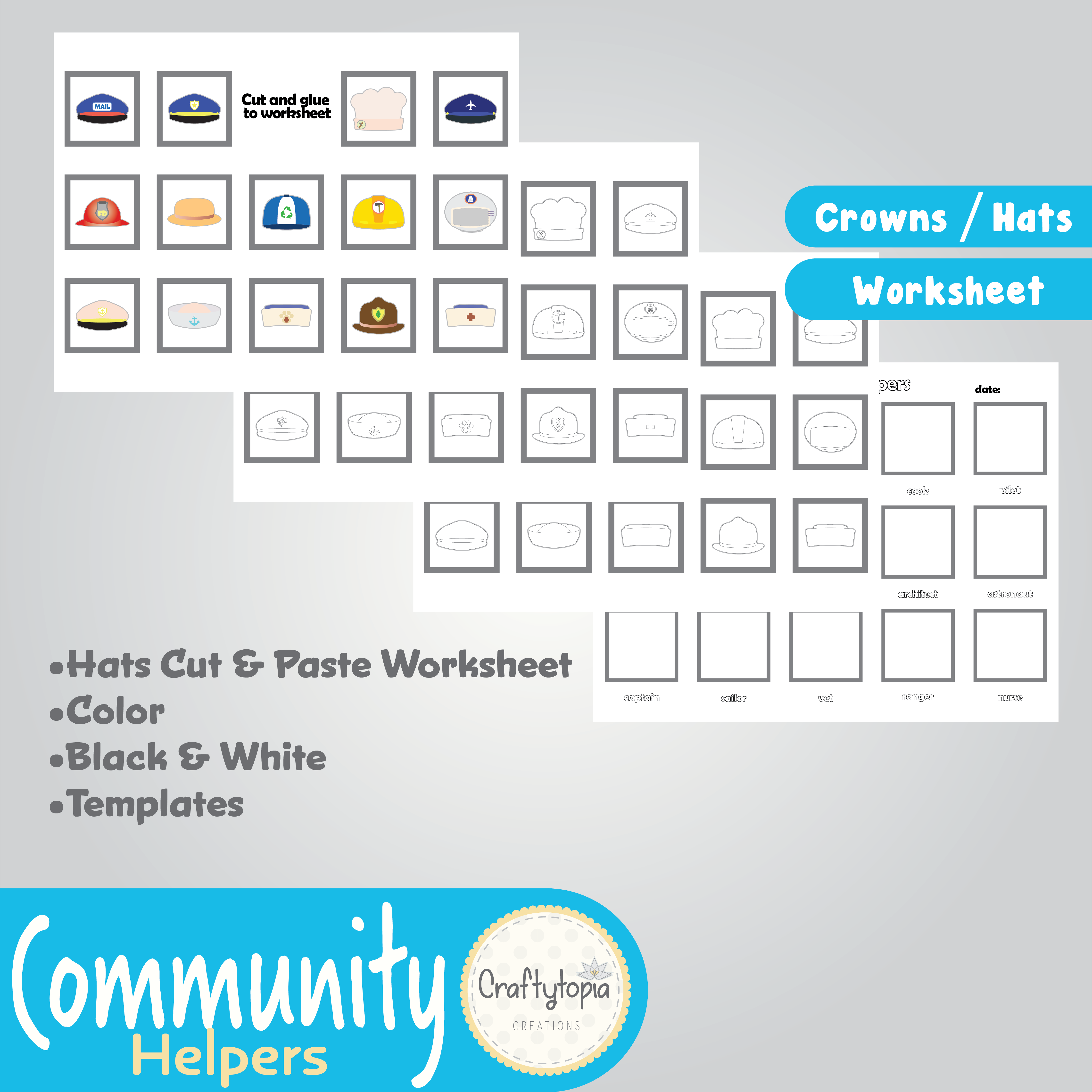 Printable Community Helpers Crowns and Hats Kids Activity Worksheet