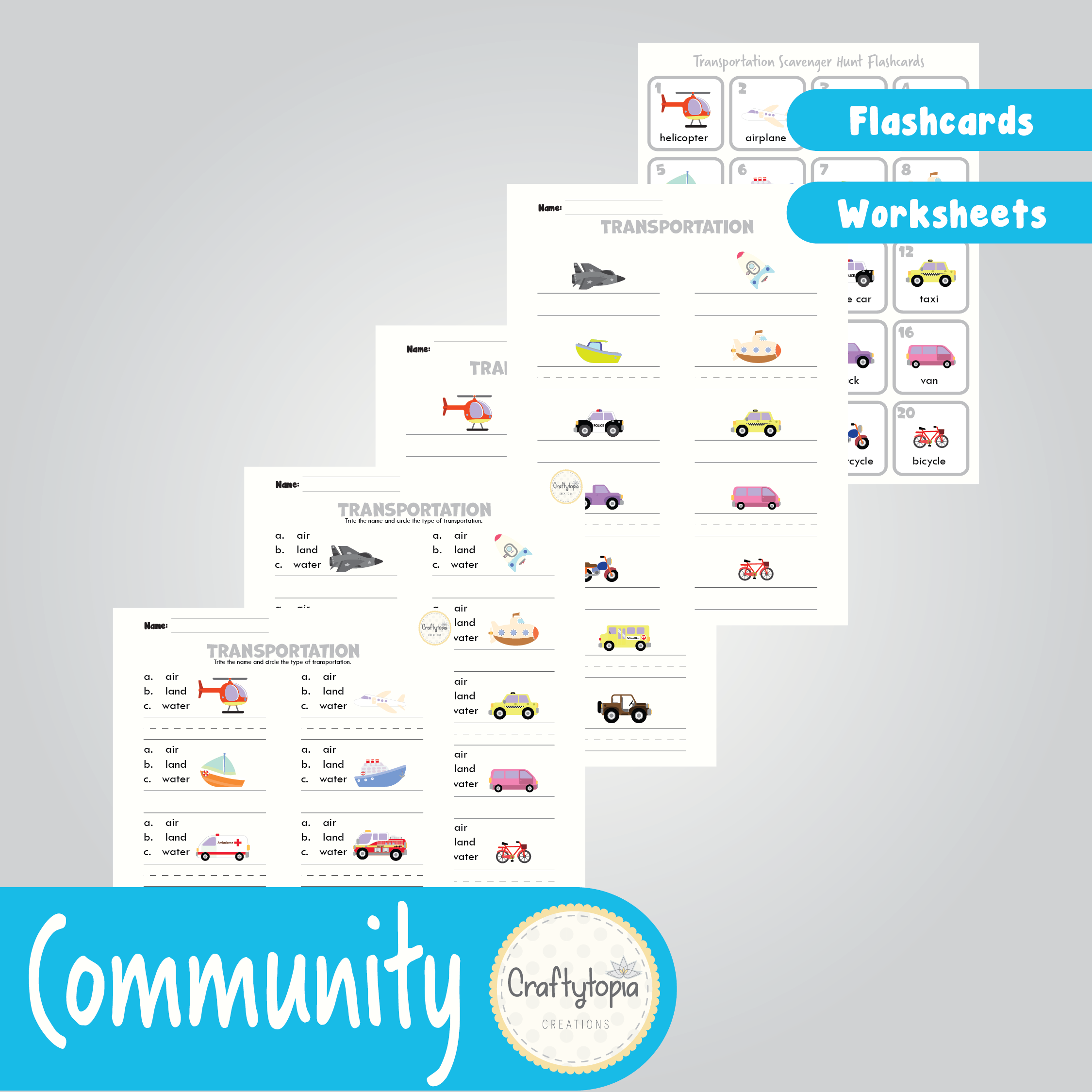 Printable Community Helpers Transportation Flashcards and Scavenger Hunt in color