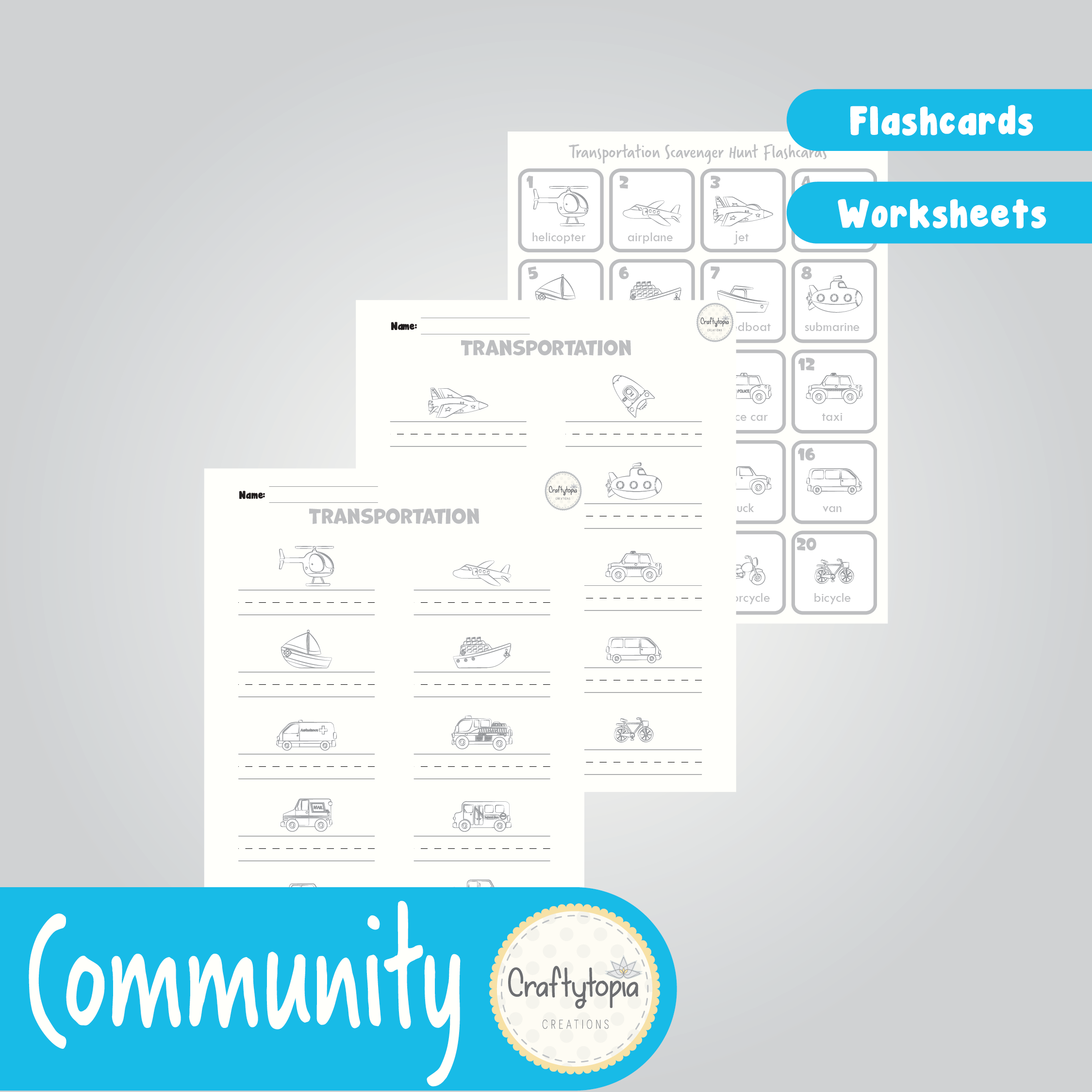 Printable Community Helpers Transportation Flashcards and Scavenger Hunt for coloring