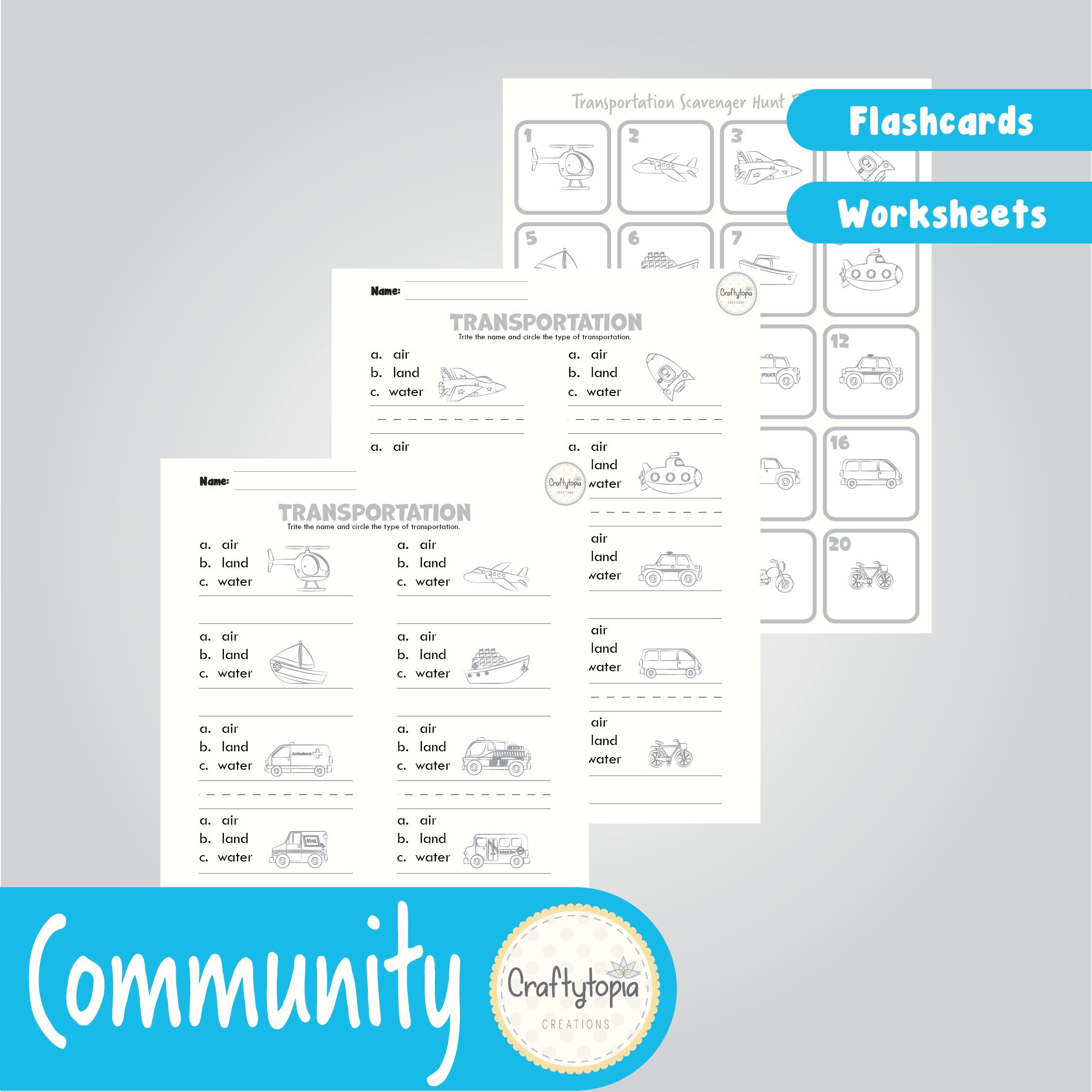 Printable Community Helpers Transportation Flashcards and Scavenger Hunt worksheets