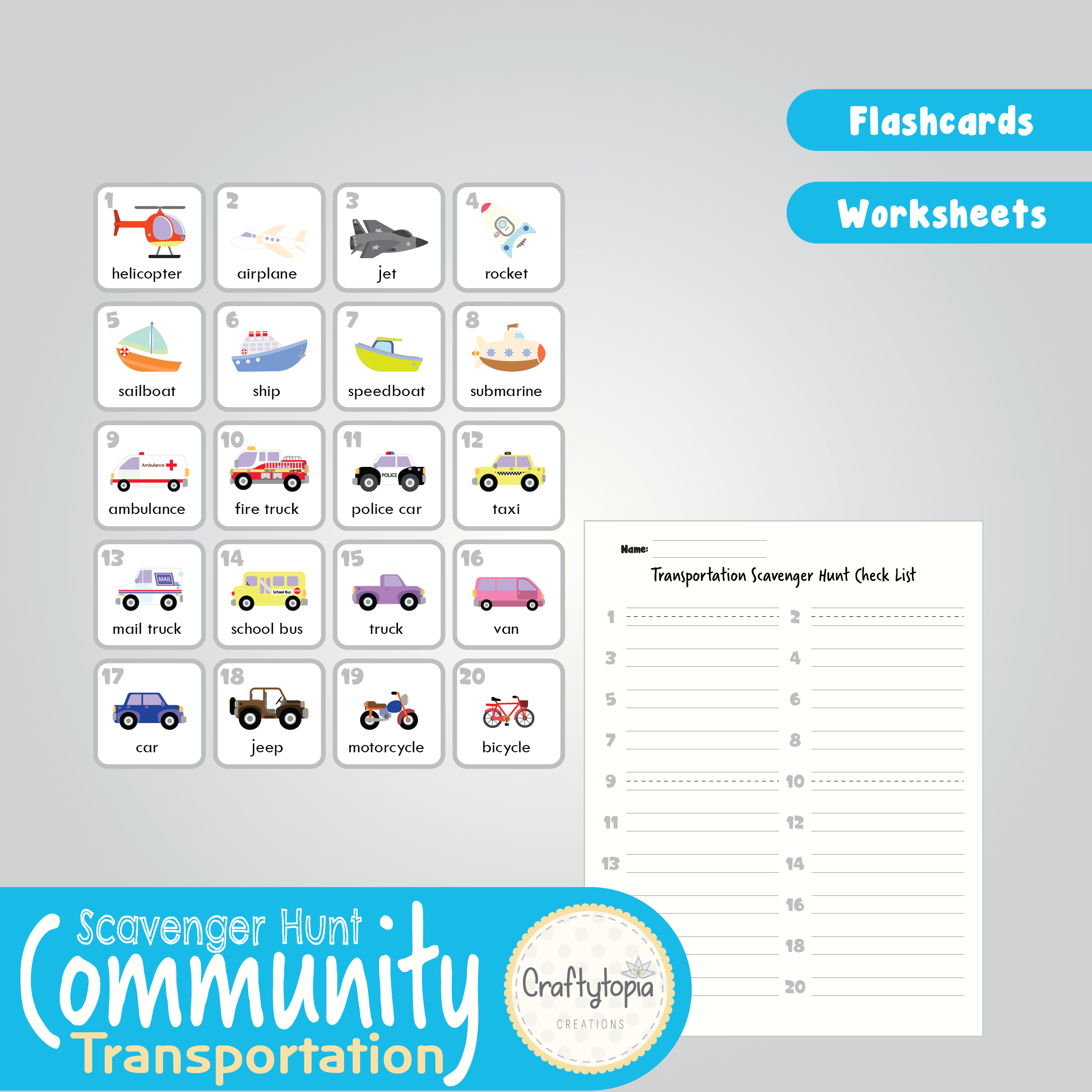 Printable Community Helpers Transportation Flashcards and Scavenger Hunt 