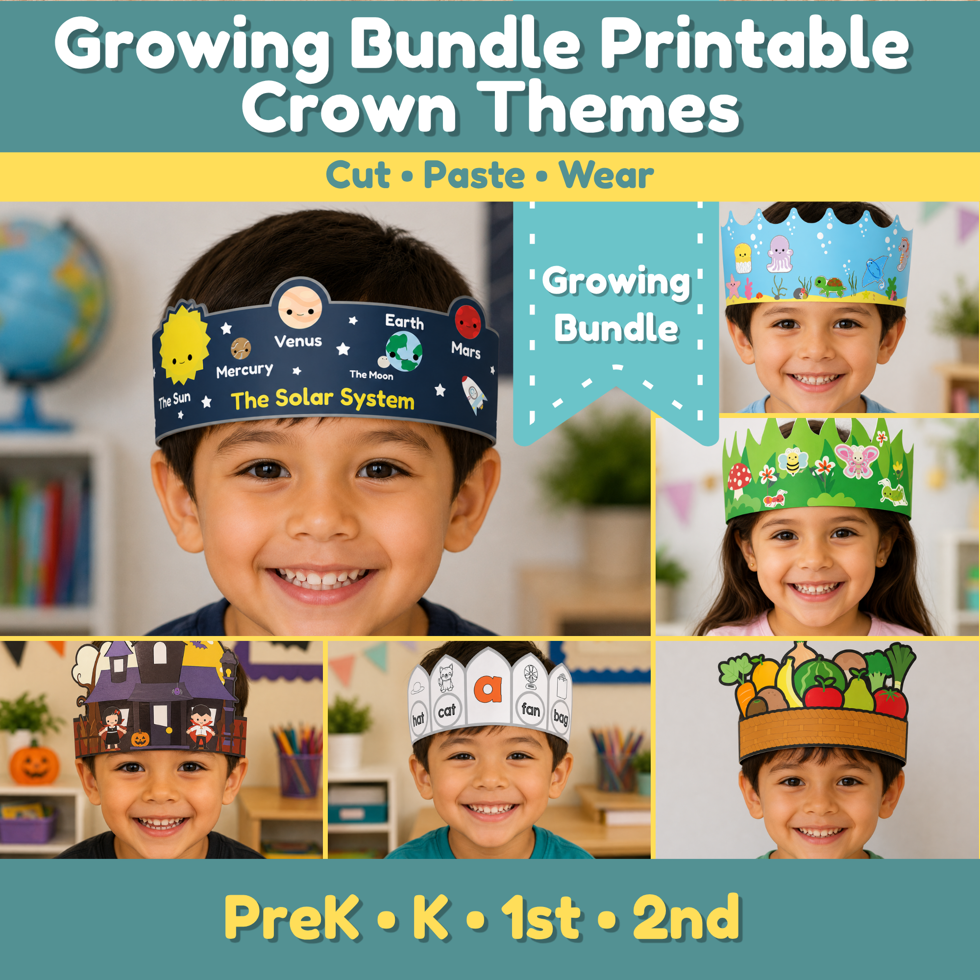 Printable cut and paste crown crafts growing bundle with children wearing Solar System, ocean animals, farm, Halloween, phonics, and vegetable crowns for PreK through 2nd grade