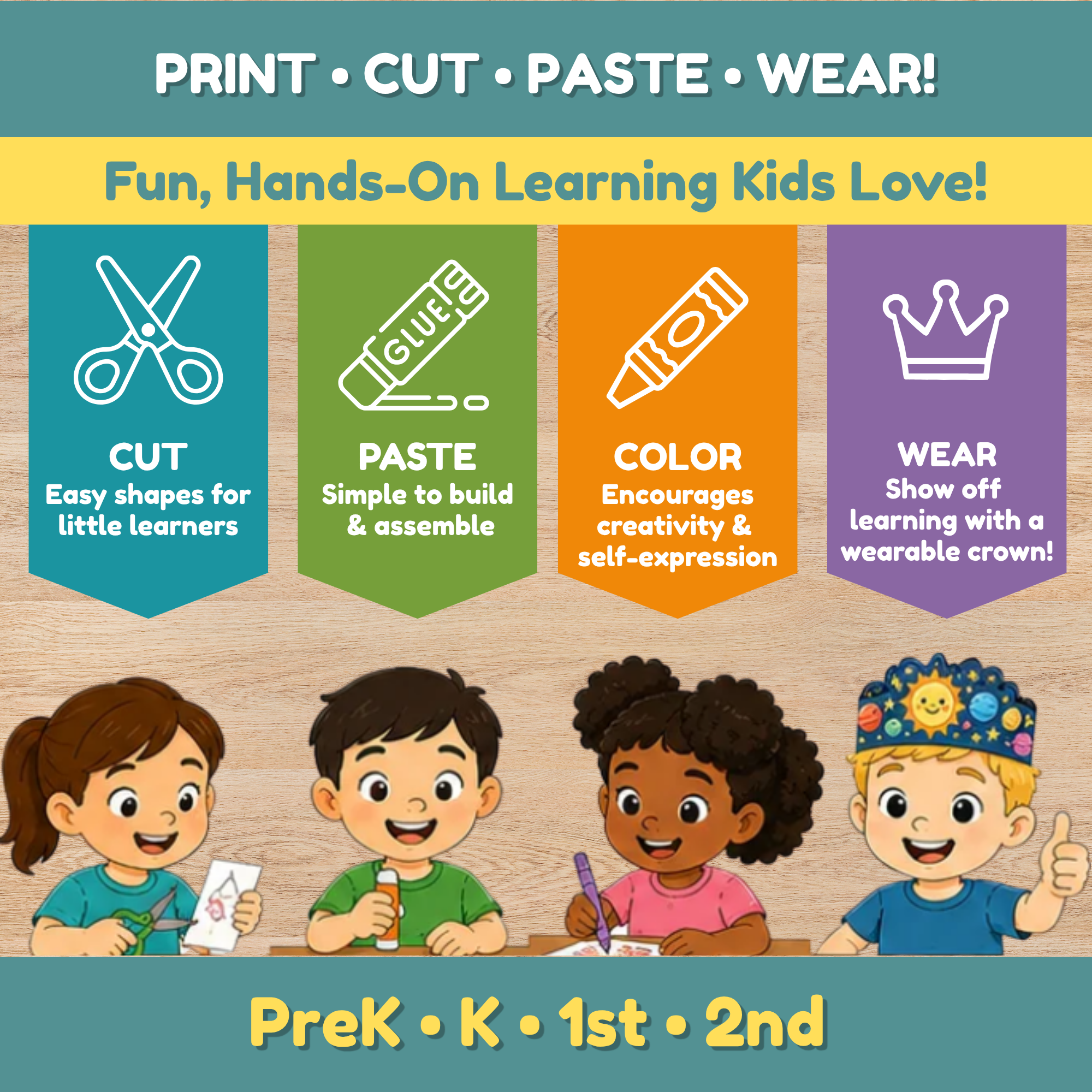 Kids printable crown craft activity showing children cutting, gluing, coloring, and wearing handmade educational crowns