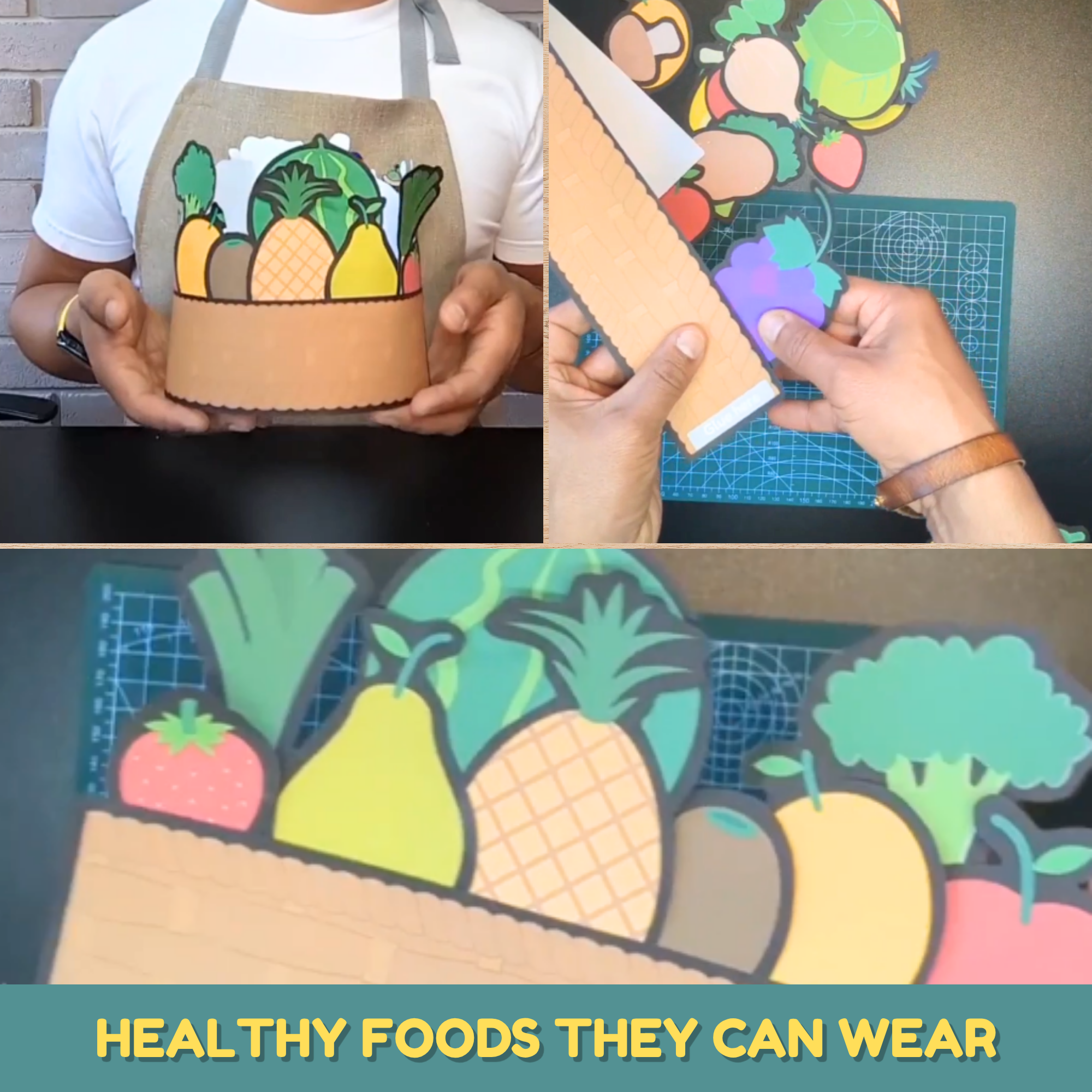 Finished printable fruit and vegetable crown worn like a basket of produce — cut-and-paste healthy foods headband for kids.