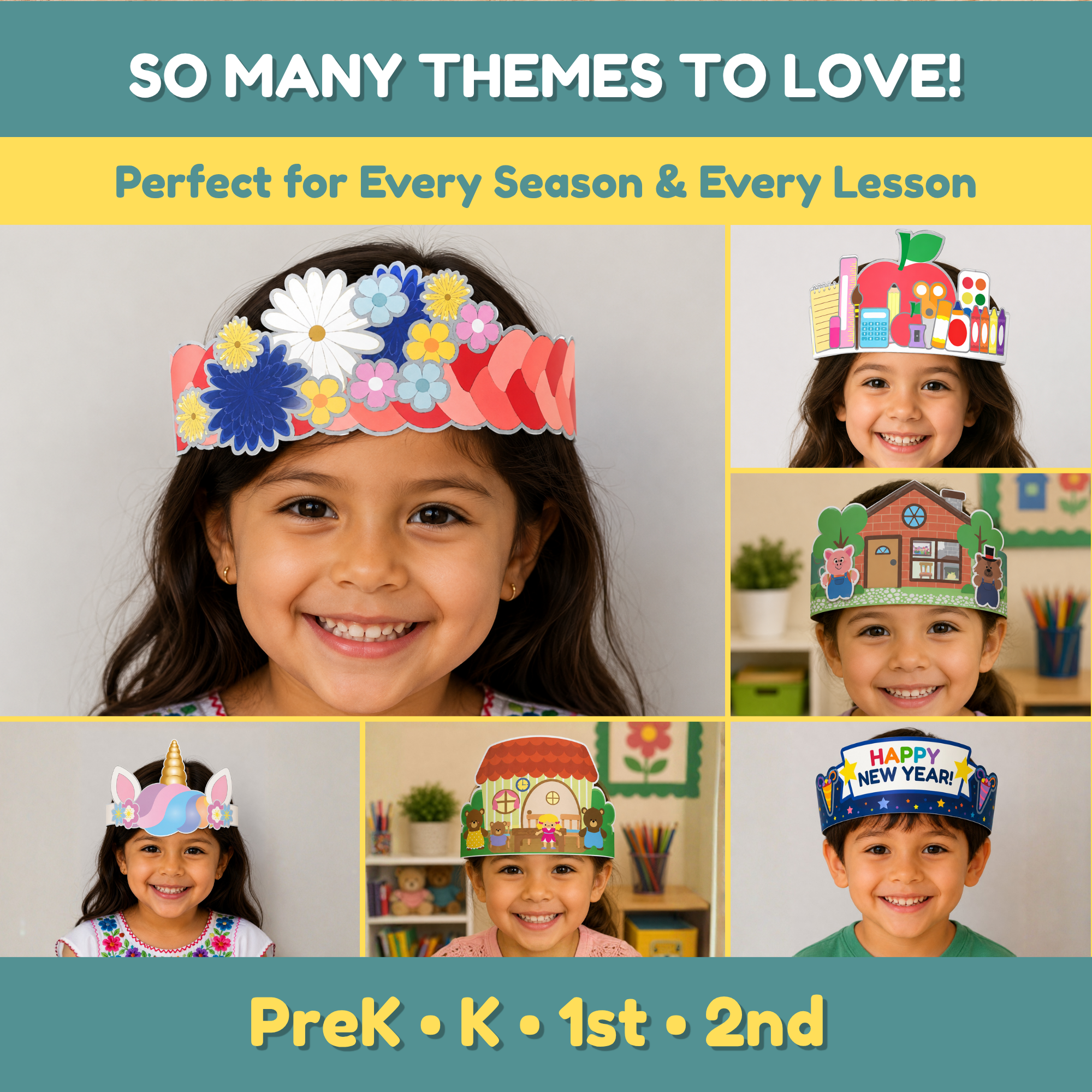 Kids printable crown craft activity showing children cutting, gluing, coloring, and wearing handmade educational crowns