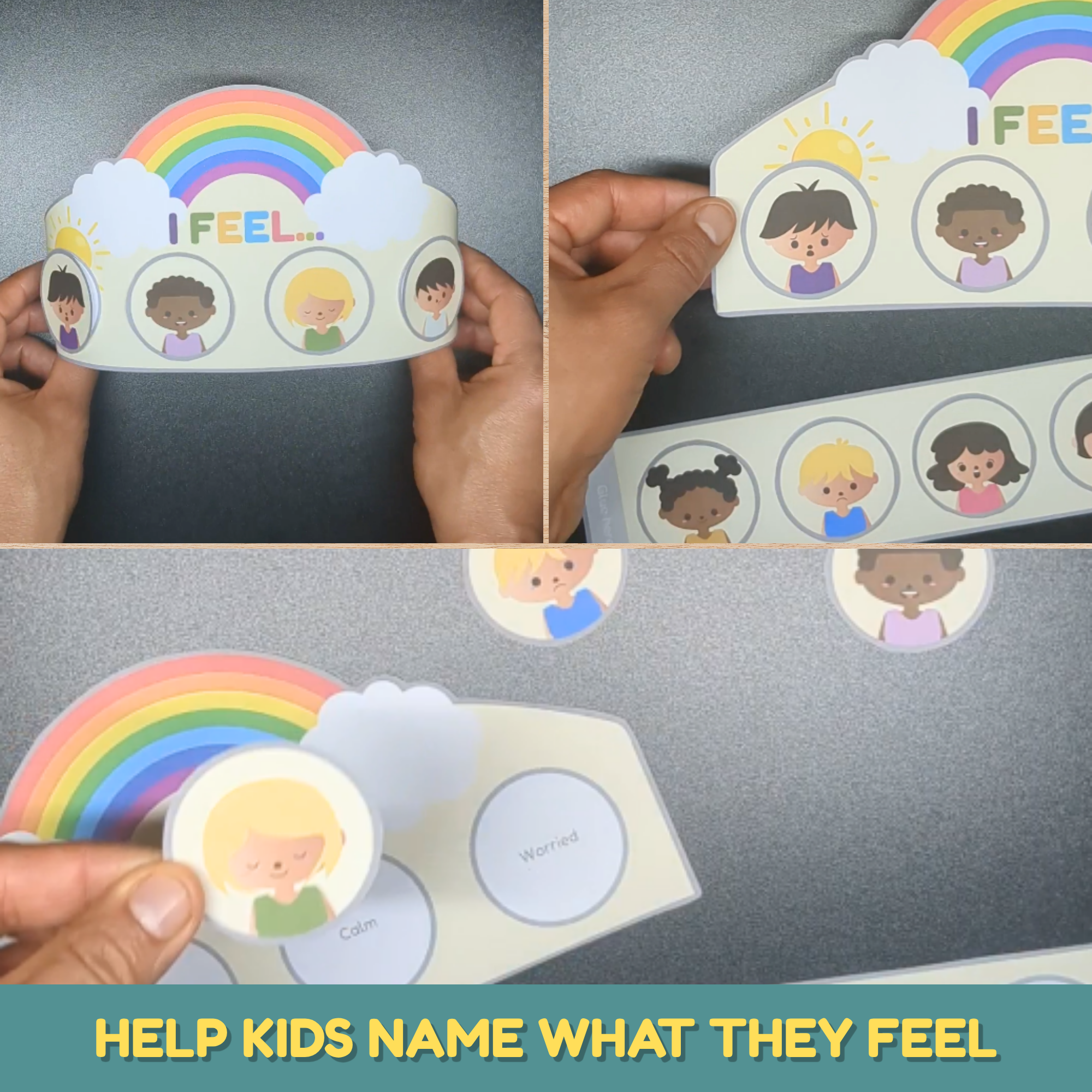 Finished printable "I Feel" feelings crown with a rainbow and four diverse children's emotion faces for social-emotional learning.
