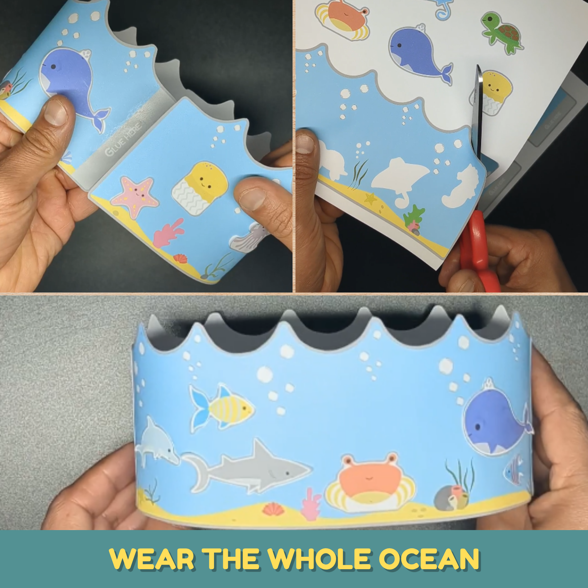 Child-made printable sea animals cut-and-paste crown with fish, dolphin, shark, crab, and whale on a blue ocean headband.