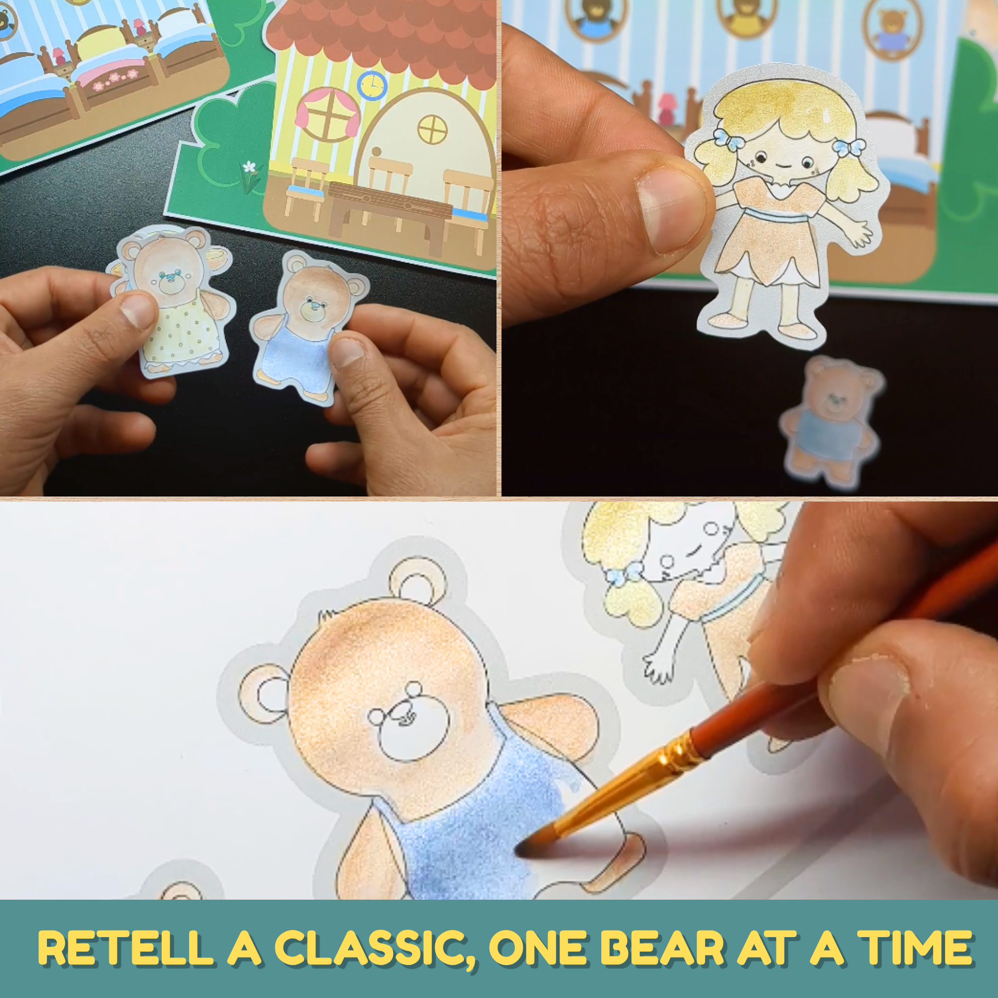 Printable Goldilocks paper figure held in front of the three bears' bedroom scene for a story-retell craft.
