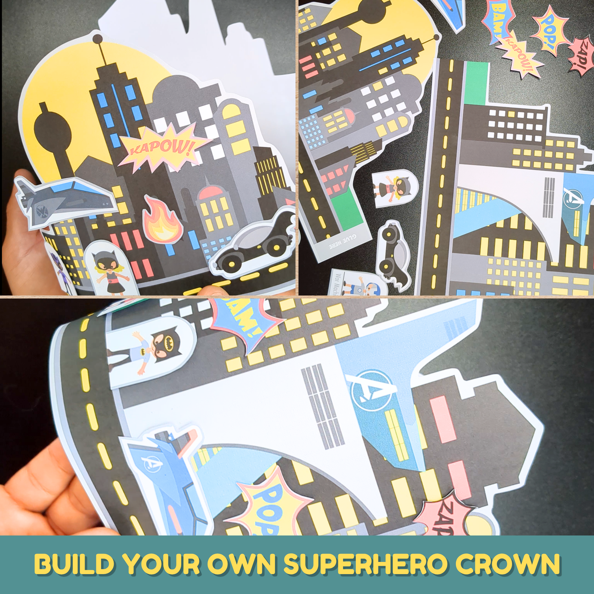 Superhero city crown cut and paste with superheroes kids can cut and build in color, black and white 