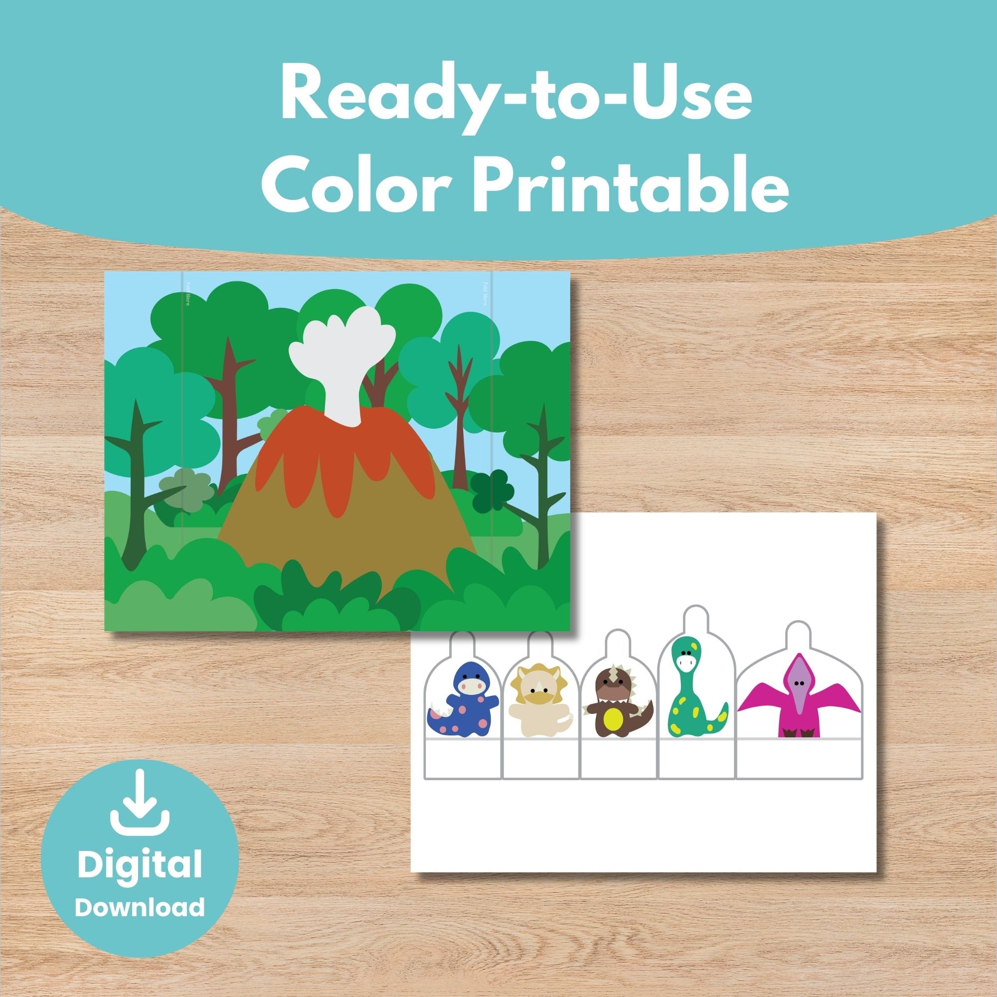 Printable Dinosaurs Puppets 2D Scene Activity for Kids in color