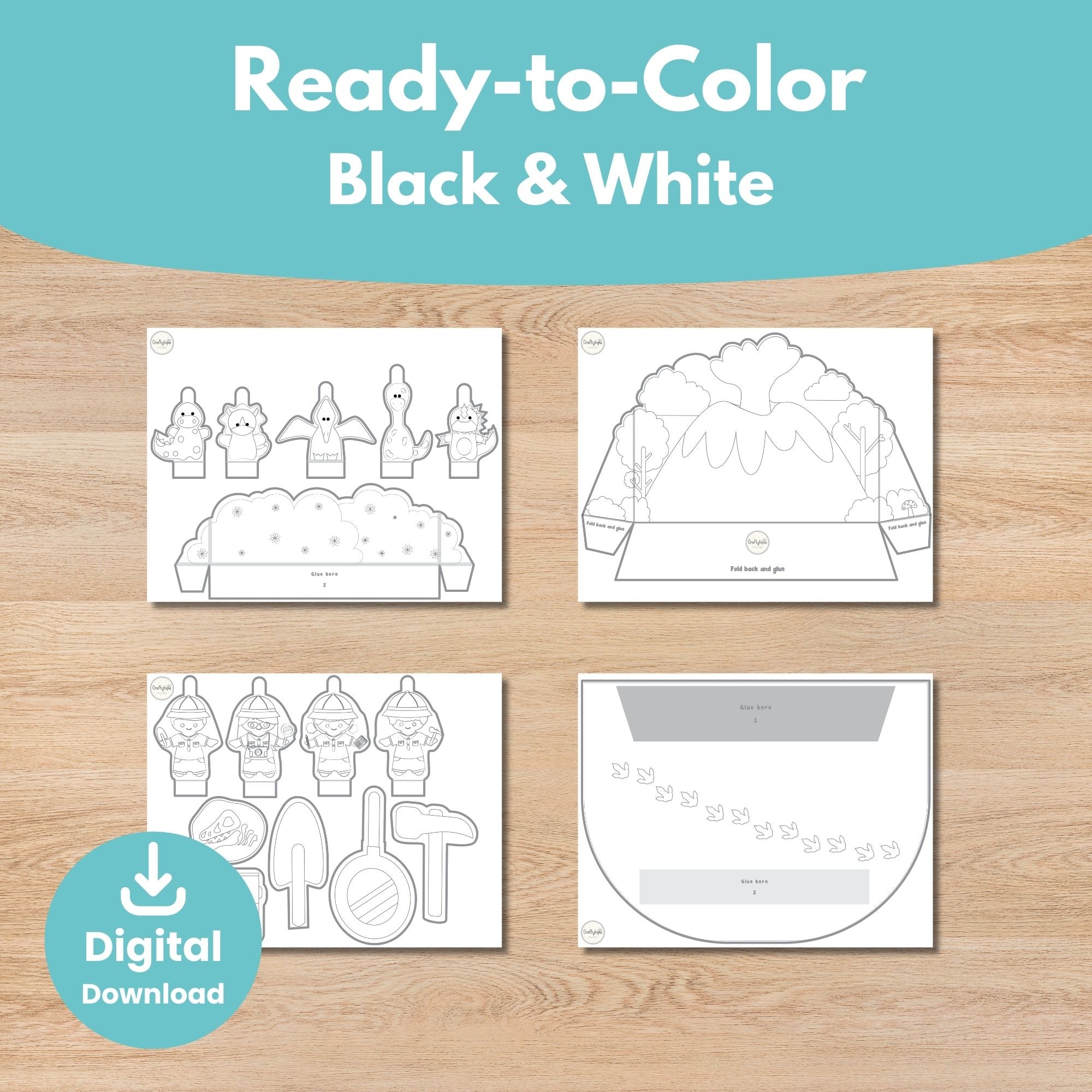 Printable Dinosaurs Puppets Scene Kids Activity for coloring
