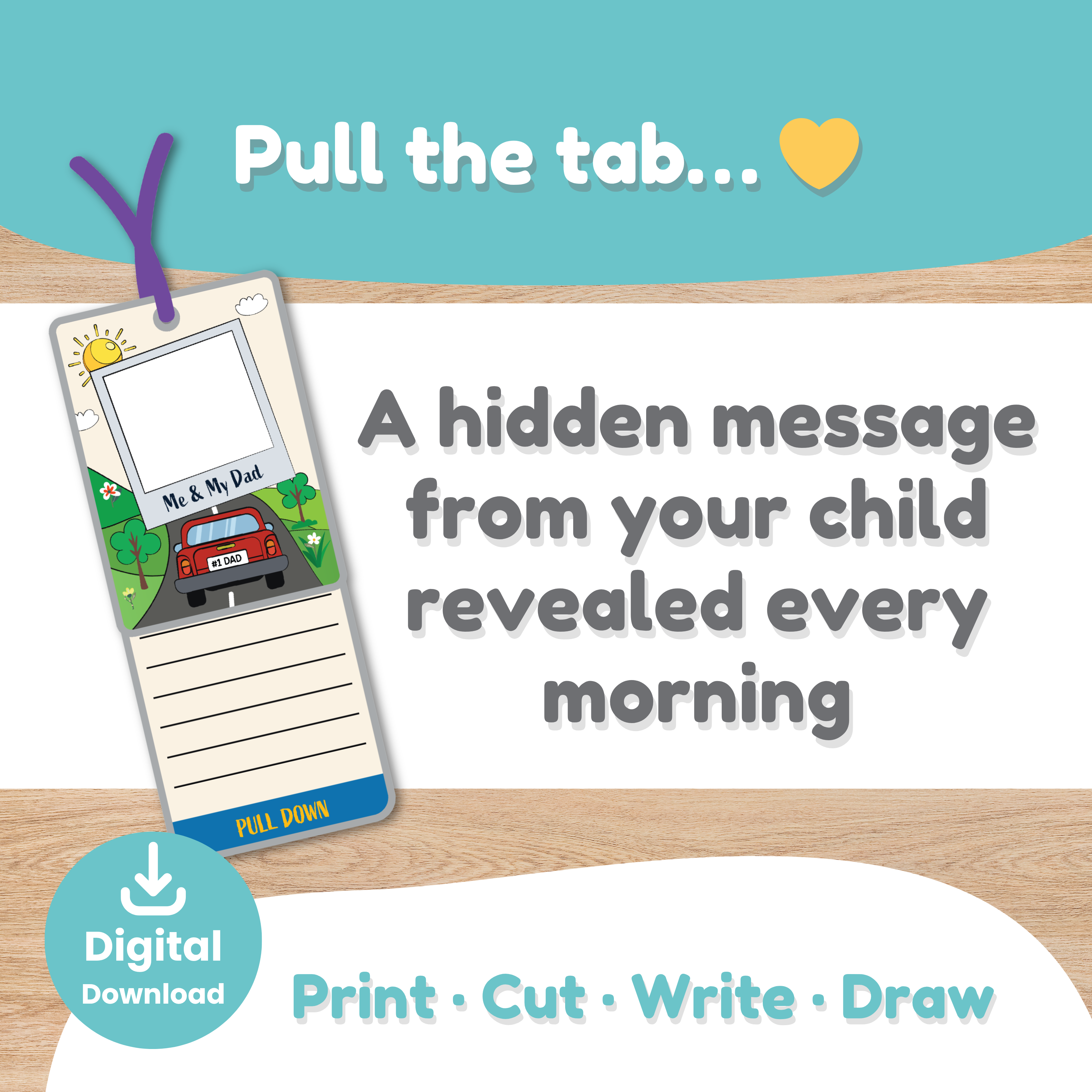 Printable pull-tab Father's Day car hanger craft for kids color version Craftytopia