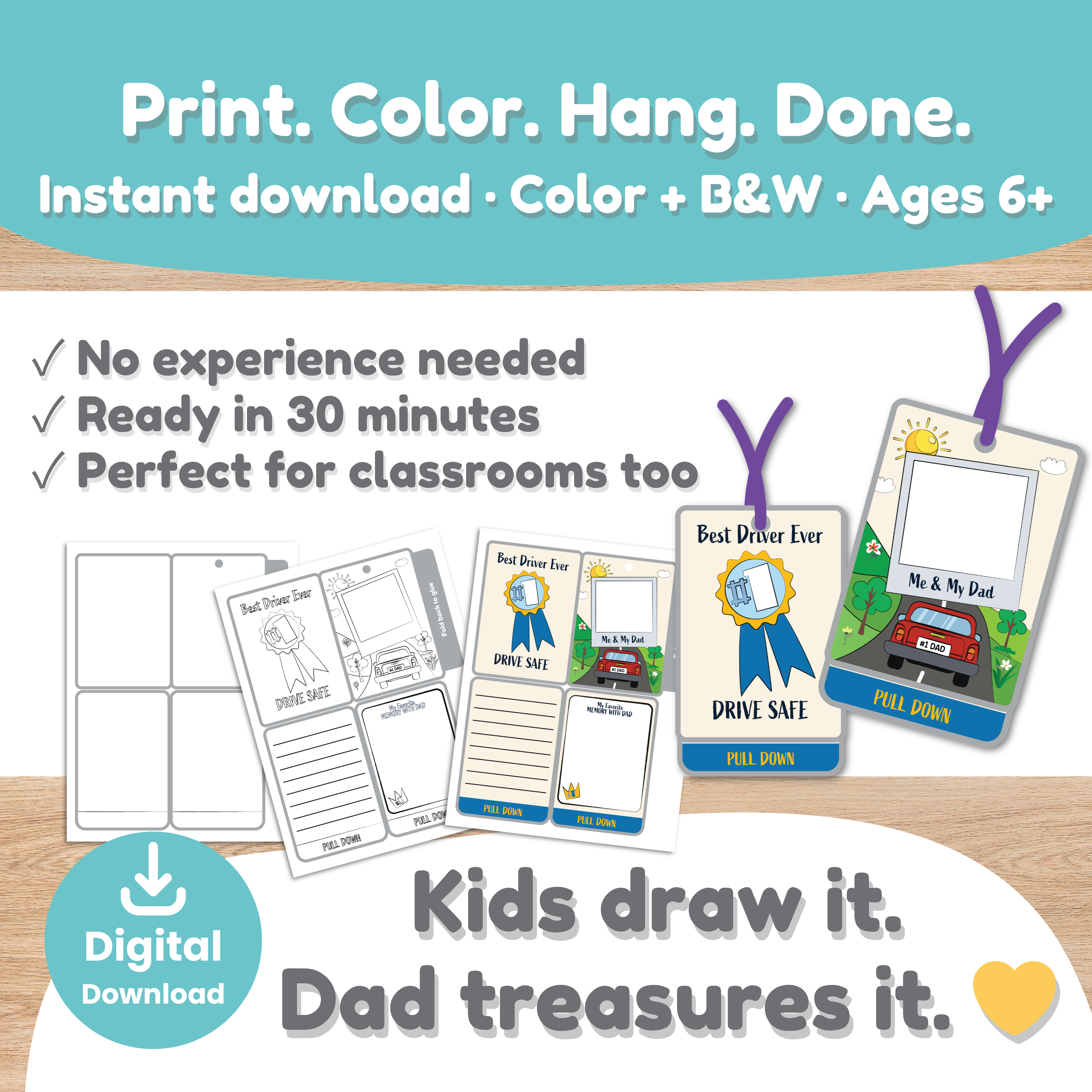 Drive Safe Daddy printable car hanger craft assembled and ready to gift for Father's Day