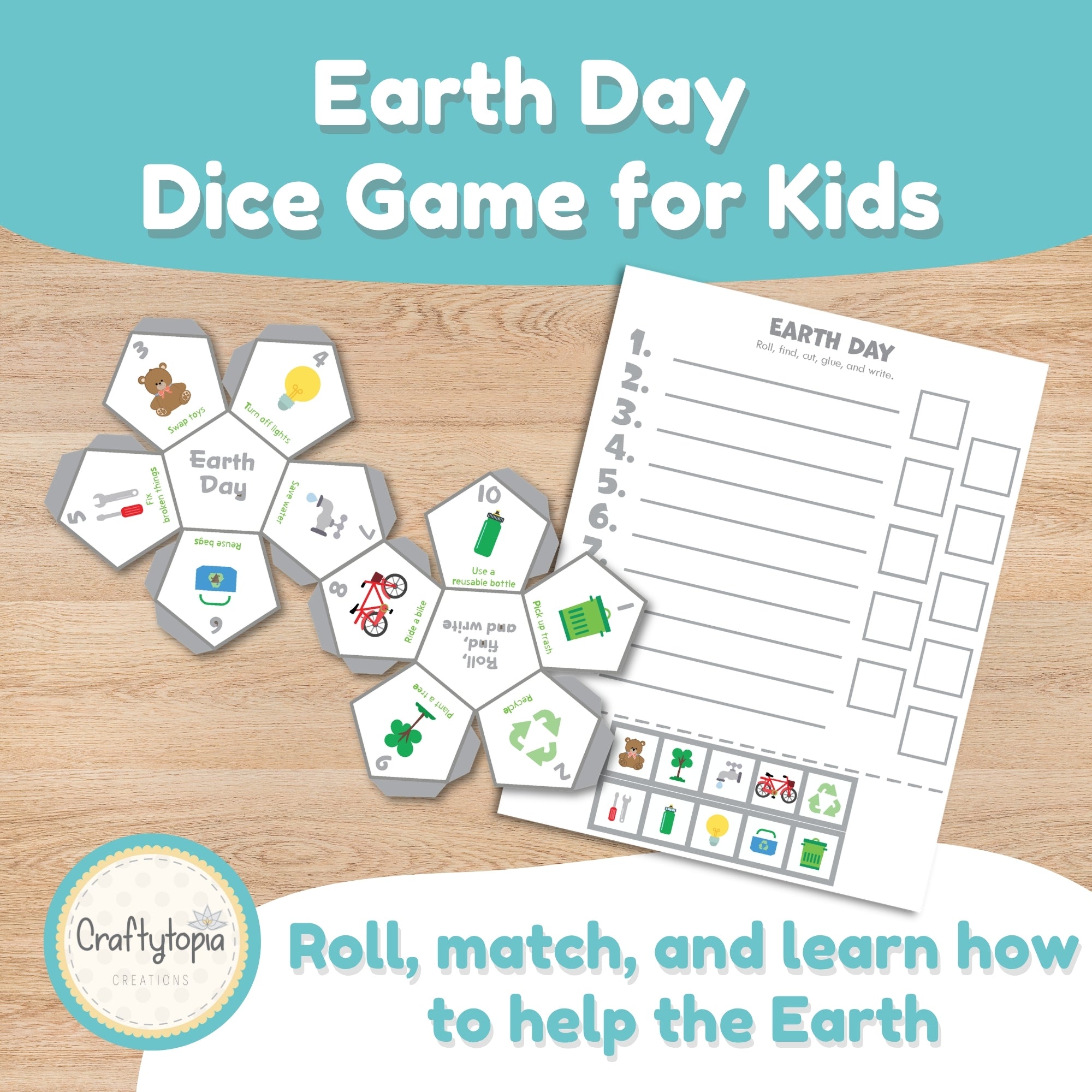 Earth Day dodecahedron dice game printable for kids Craftytopia