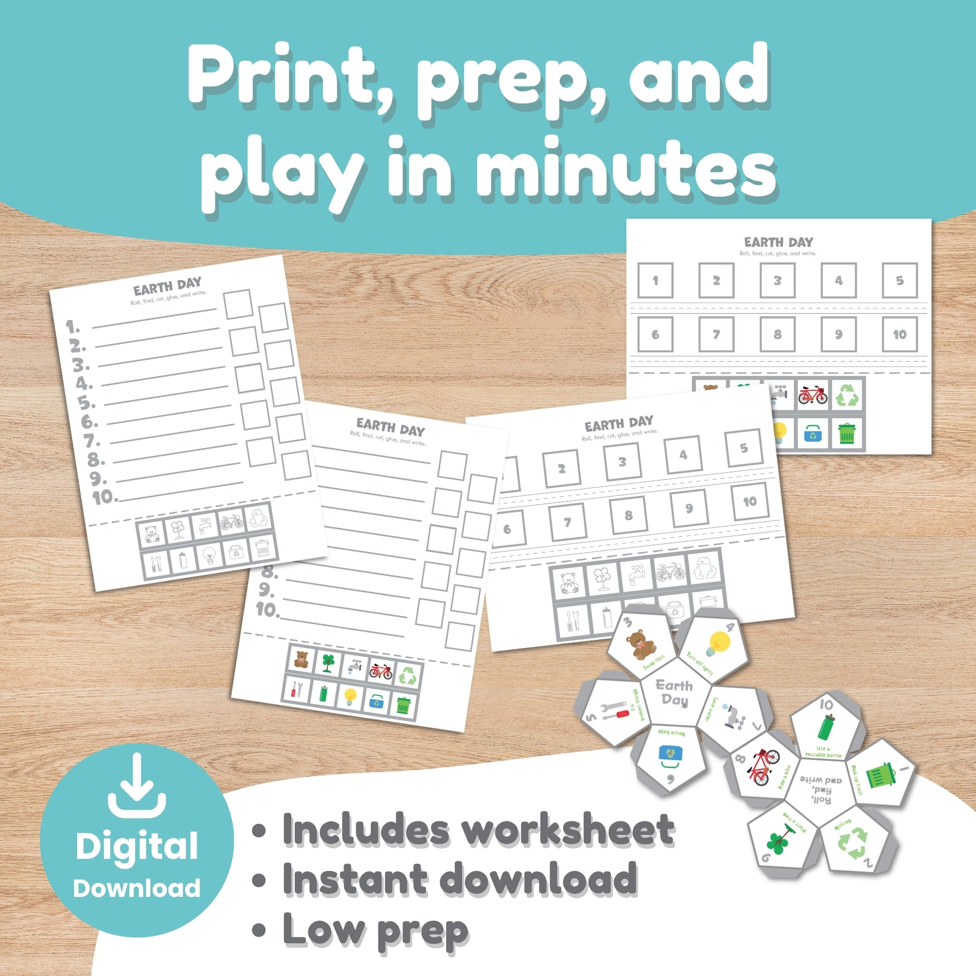 Printable Earth Day 12-sided dice game assembled example for kids