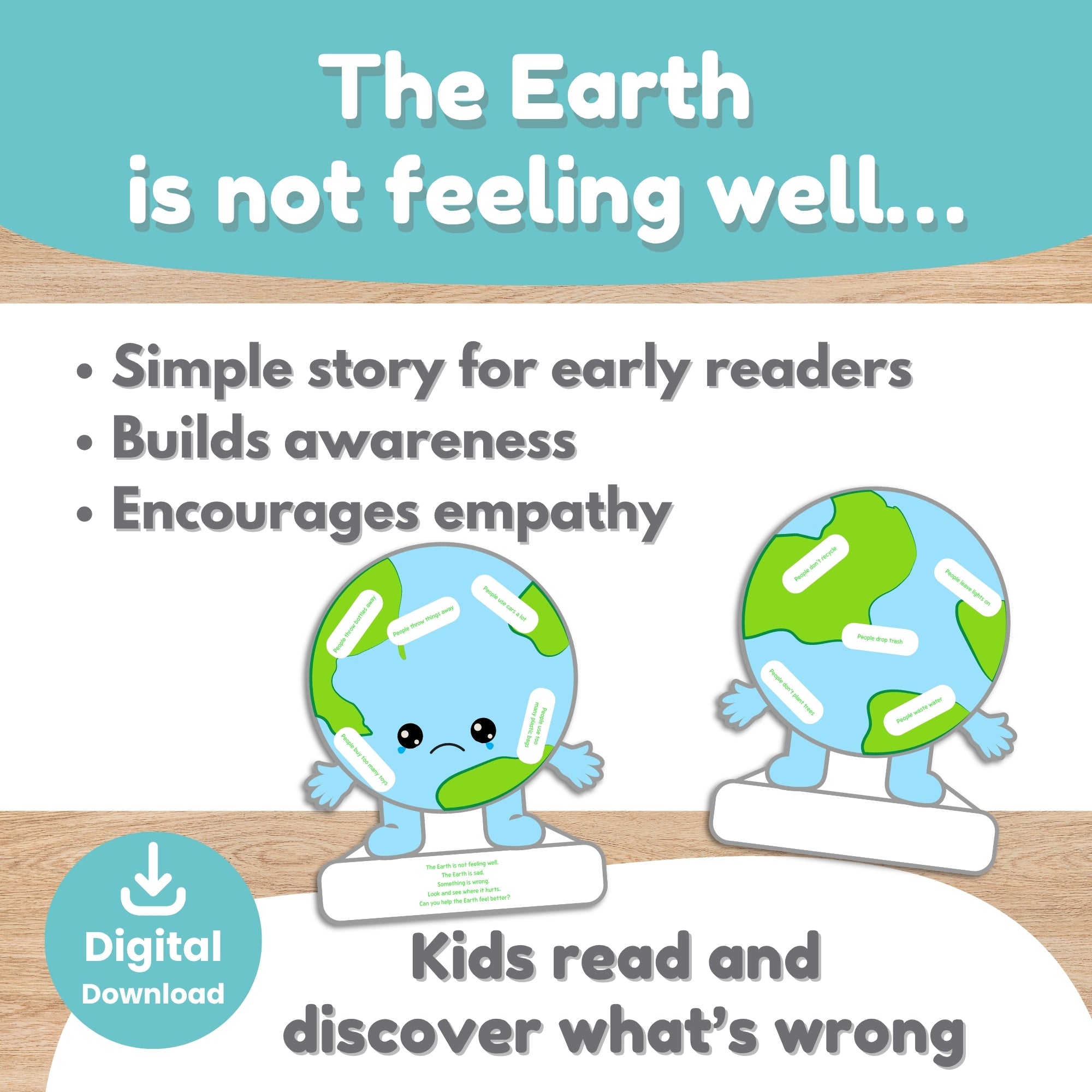 Printable Earth Day puppet craft color version for kids cut and paste activity