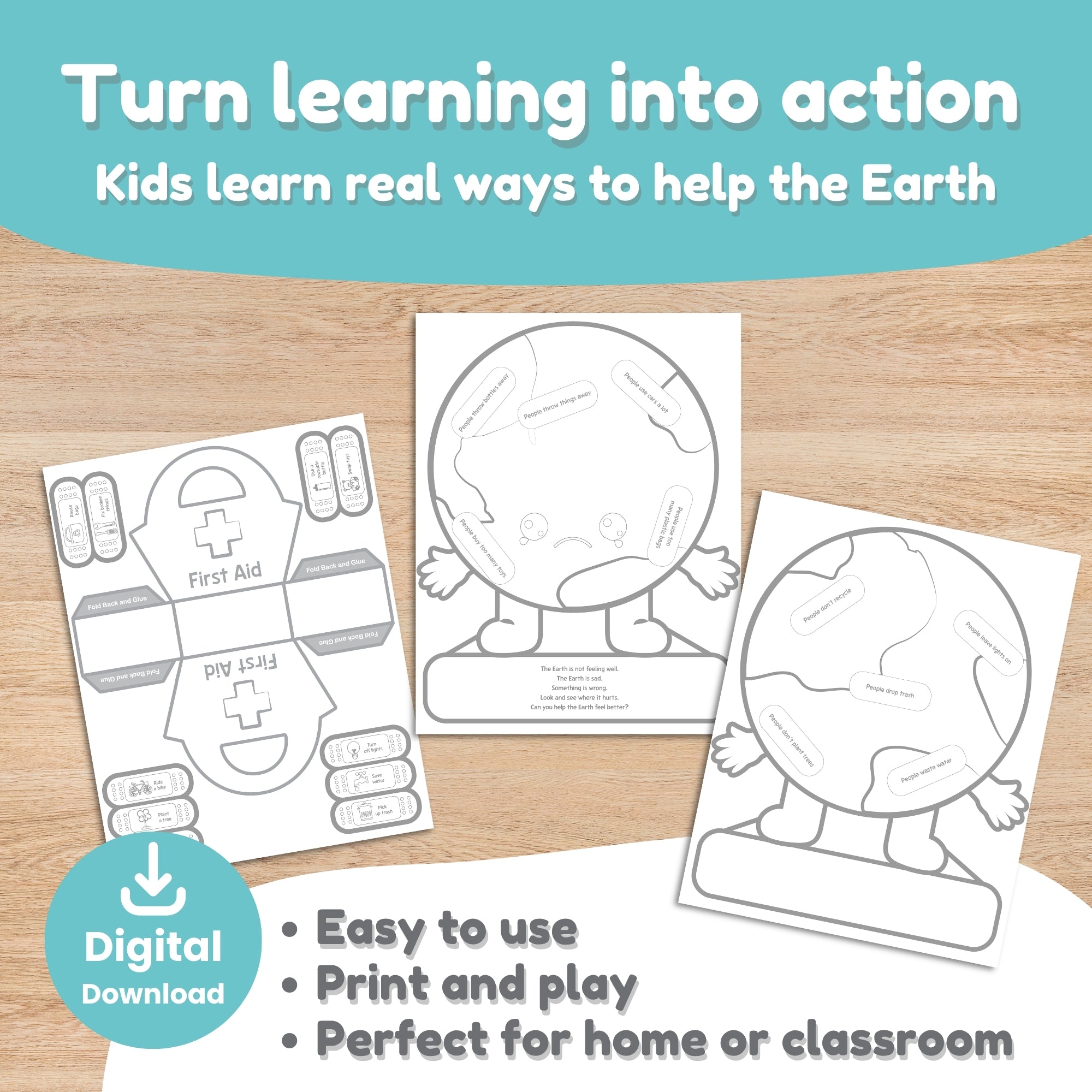 Earth Day puppet printable black and white coloring version for kids