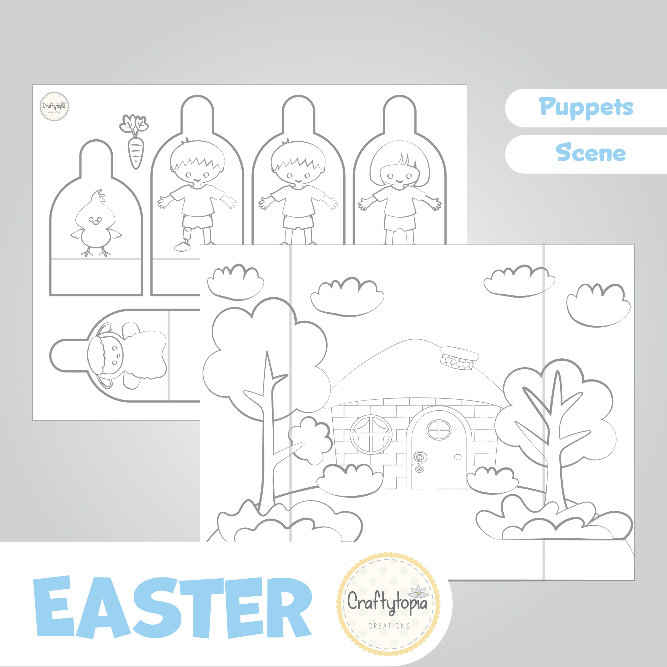 Printable Easter Scene Puppets Kids Activity for coloring