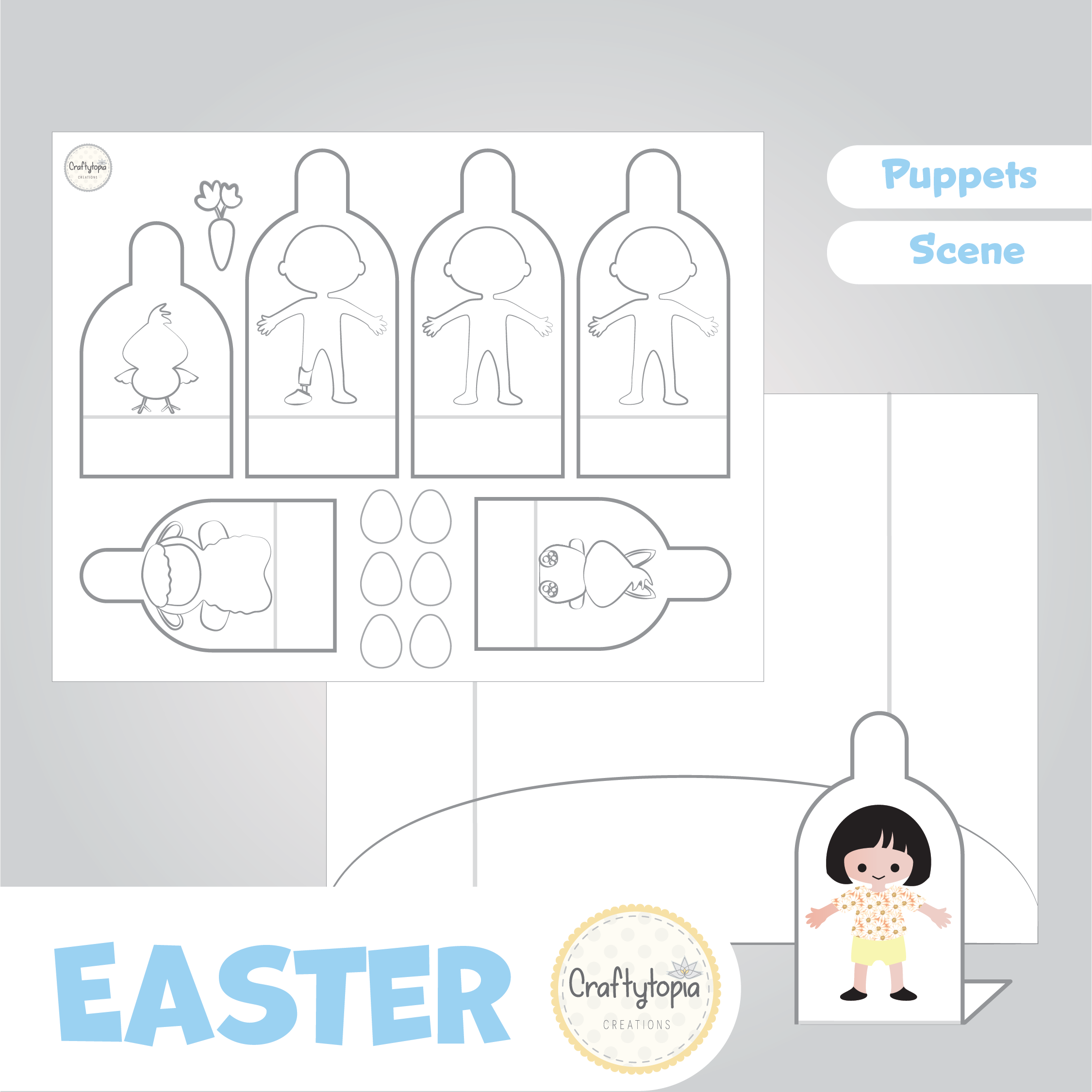 Printable Easter Scene Puppets Kids Activity for coloring