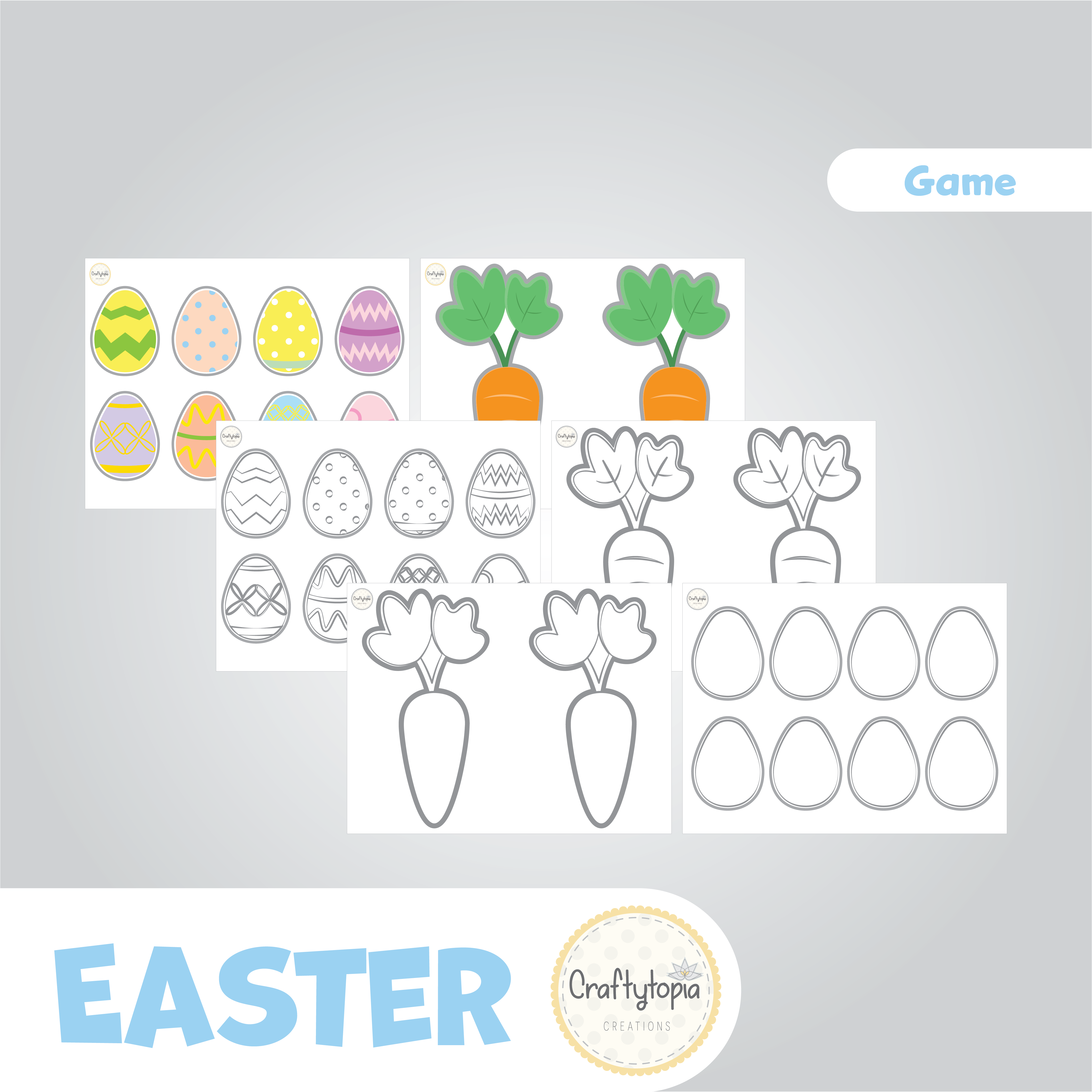 Printable Easter Bunny Pin the Eggs and Carrots Game for coloring