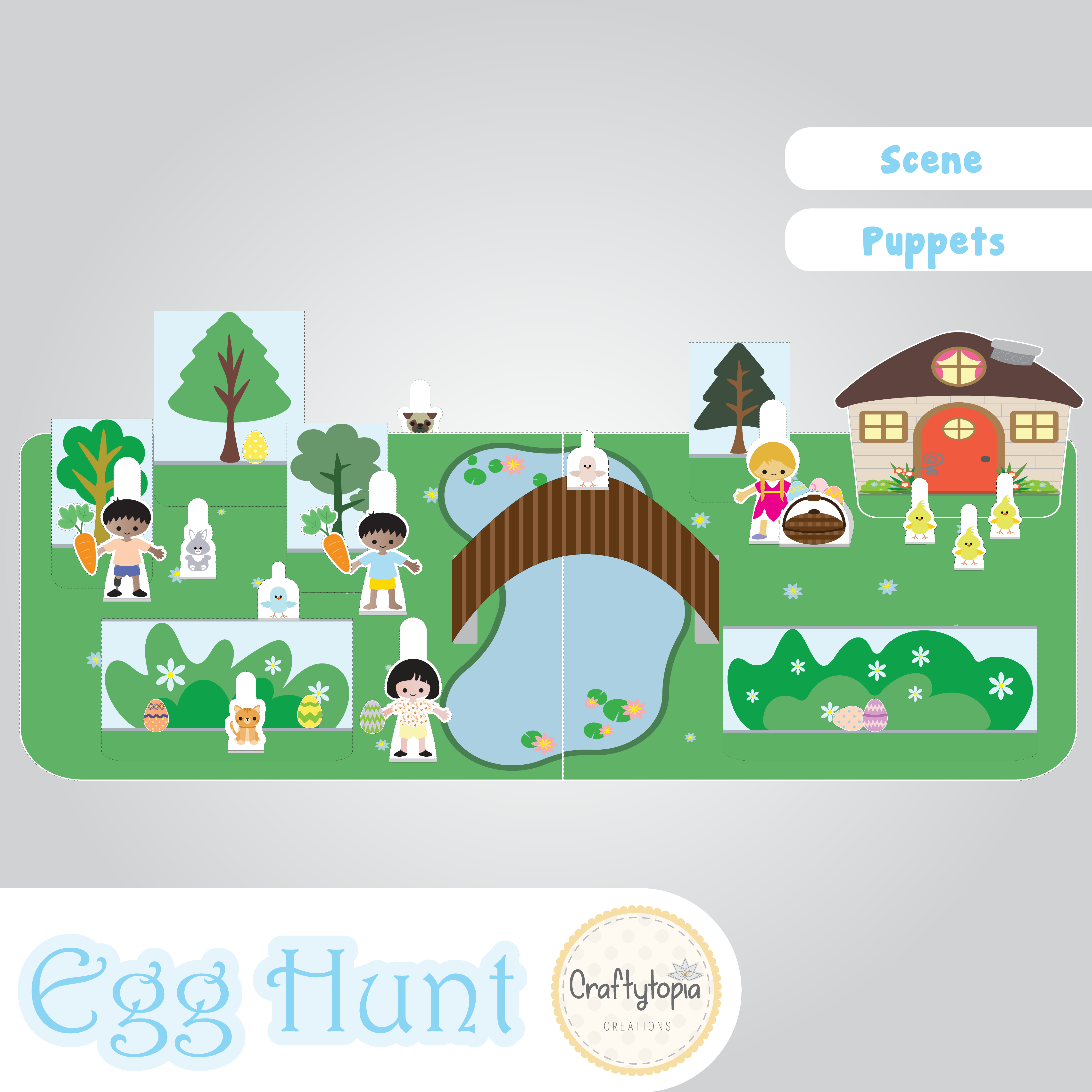 Printable Easter Egg Hunt Scene Puppets Kids Activity