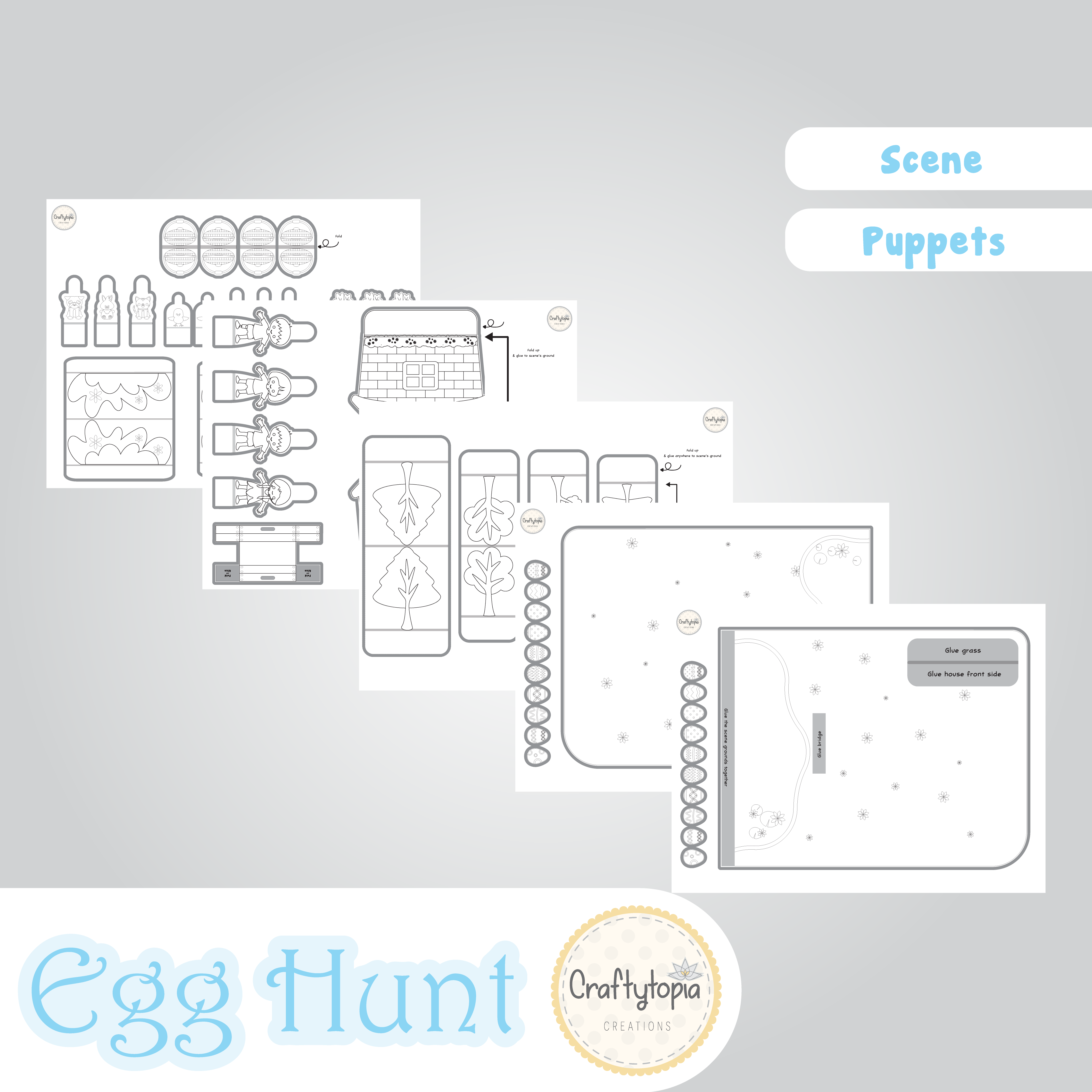 Printable Easter Egg Hunt Scene Puppets Kids Activity for coloring