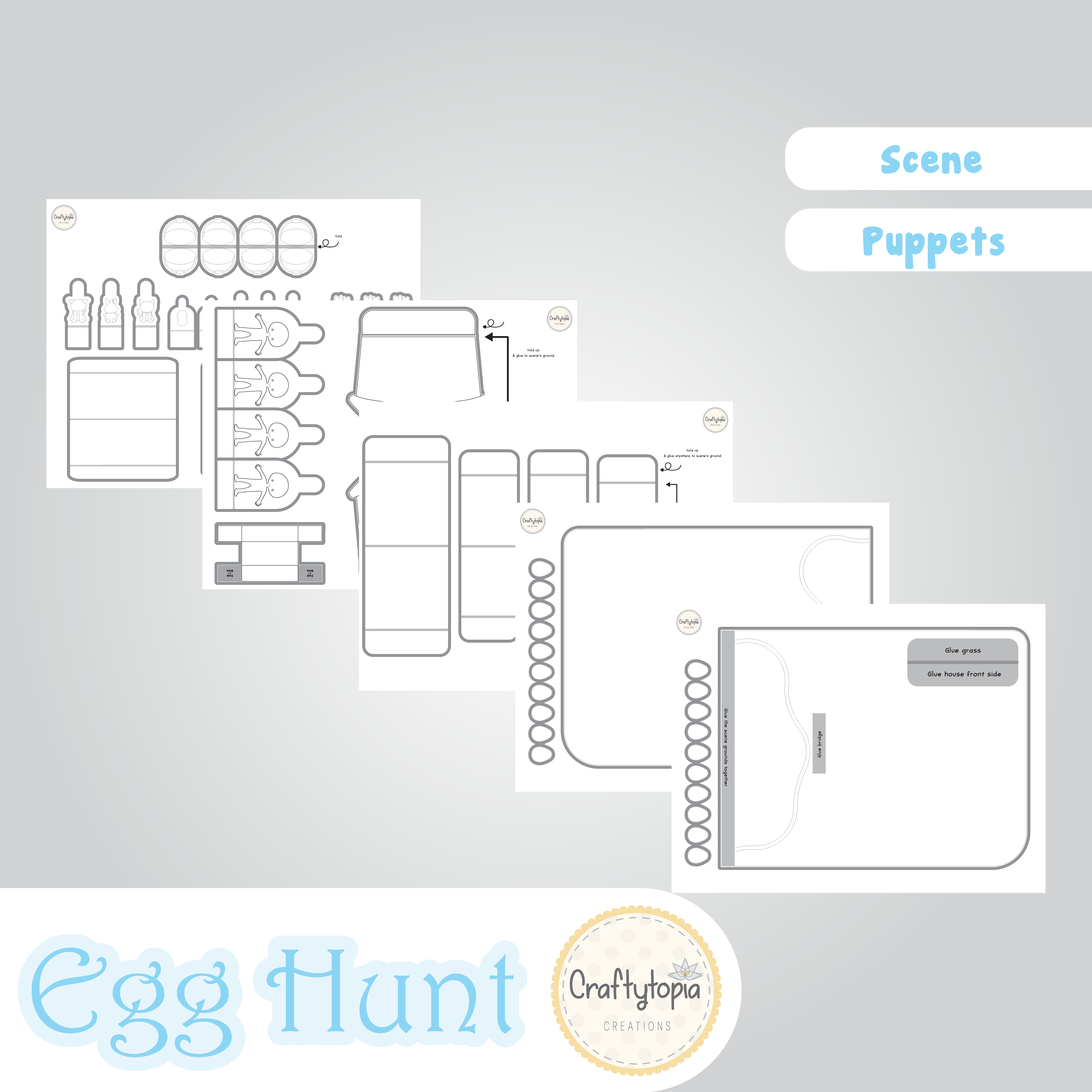 Printable Easter Egg Hunt Scene Puppets Kids Activity for coloring