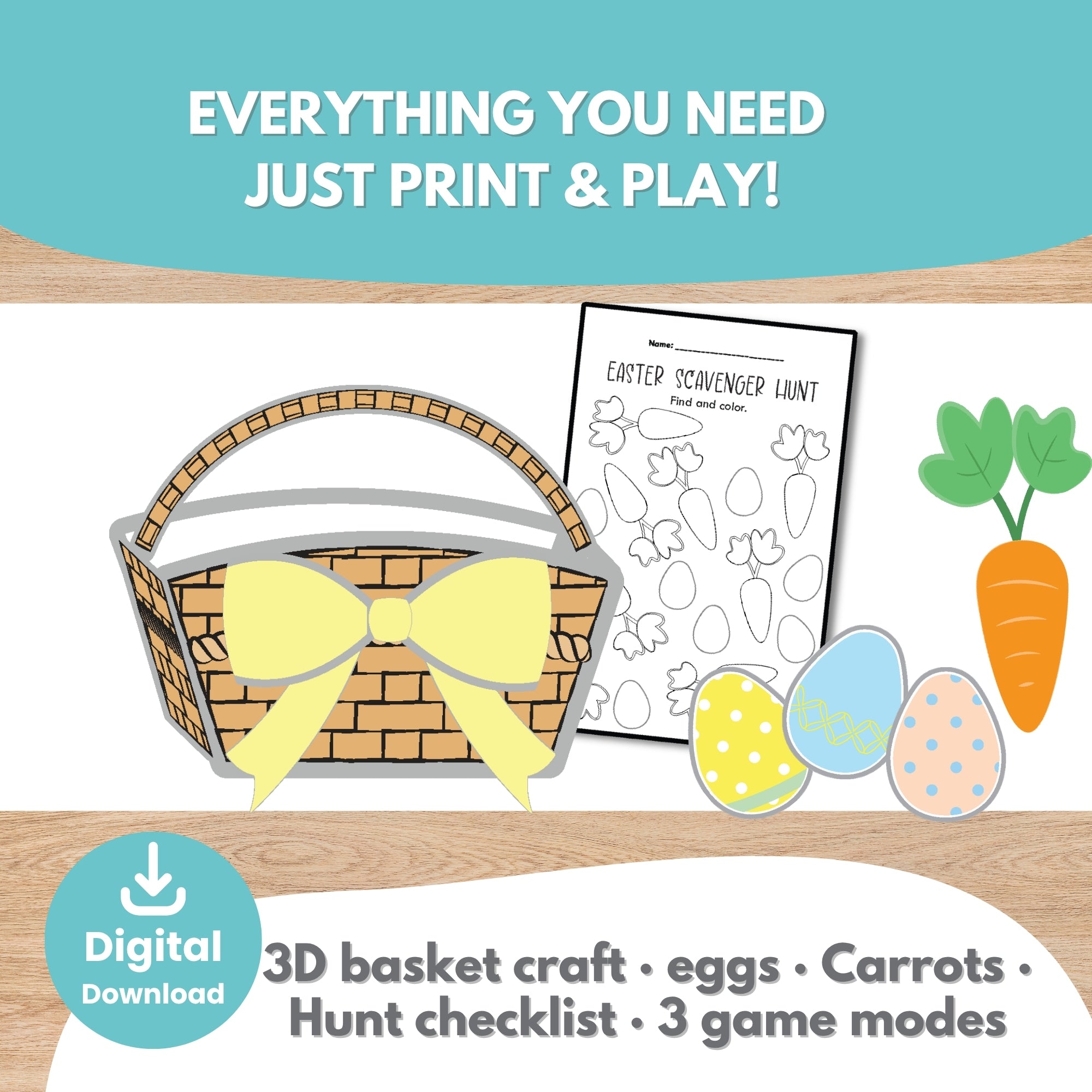 Everything included in Easter scavenger hunt printable 3D basket craft 16 Easter eggs carrot pieces and hunt checklist