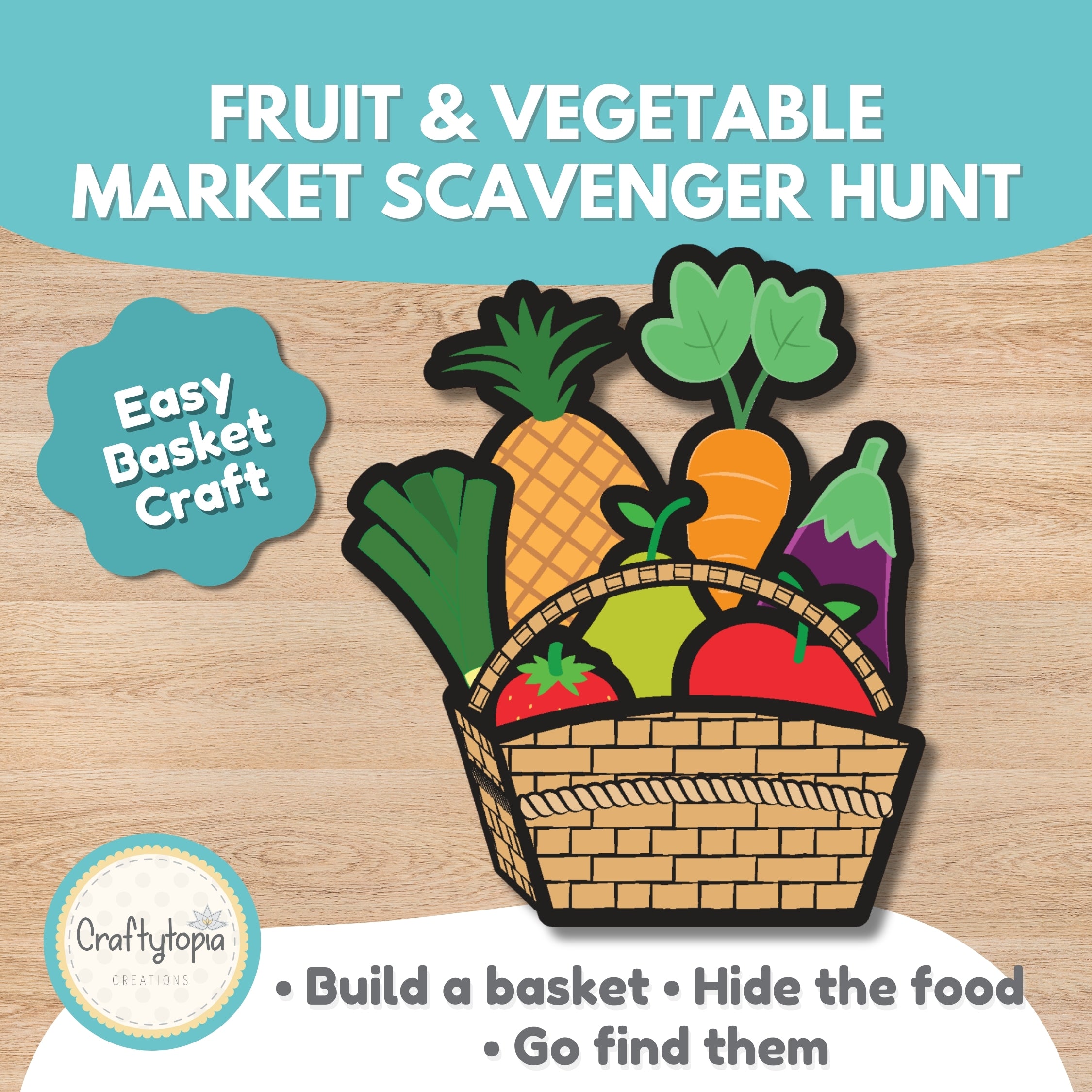 Fruit and vegetable market scavenger hunt printable for kids with basket craft Craftytopia