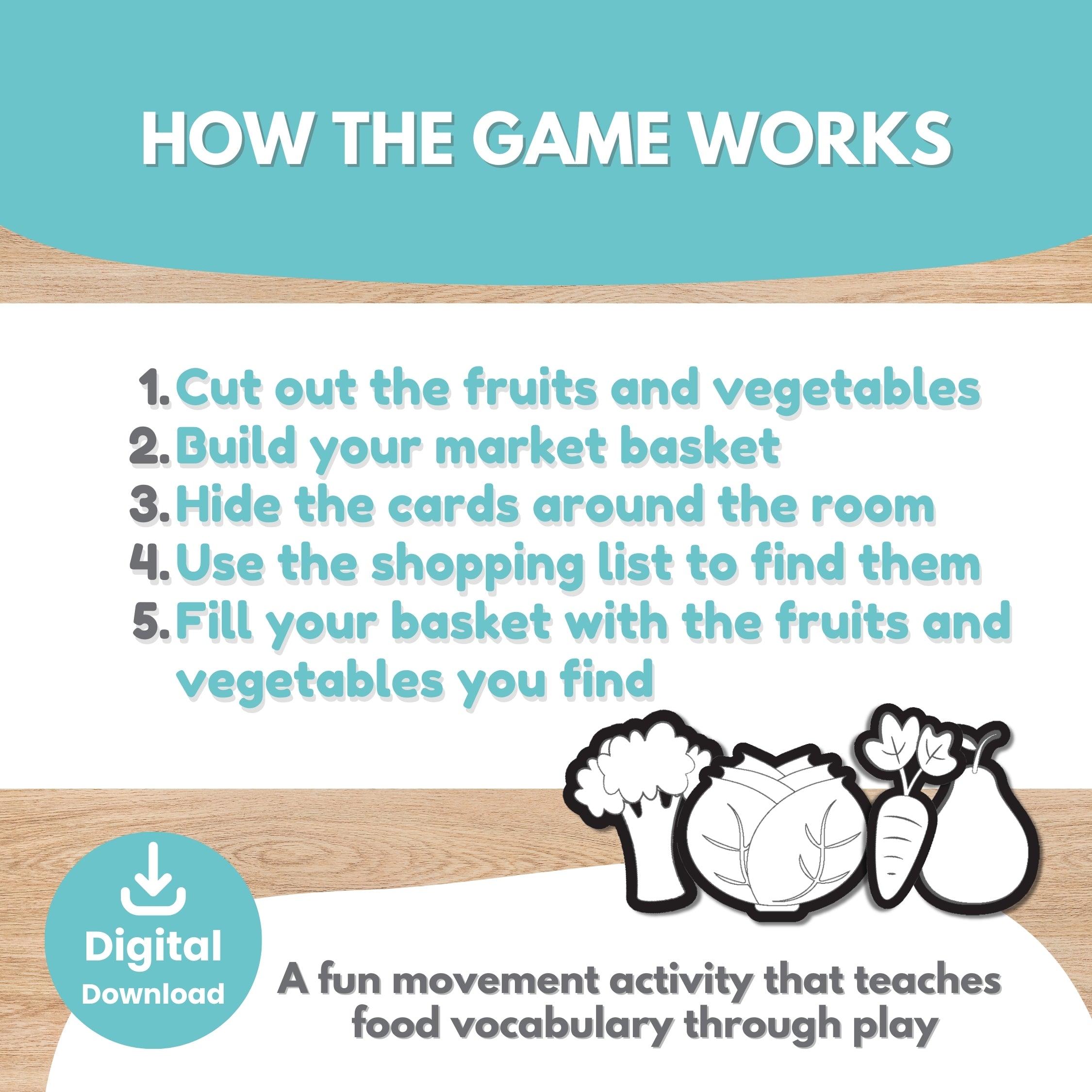 Printable fruit and vegetable market scavenger hunt black and white version for kids