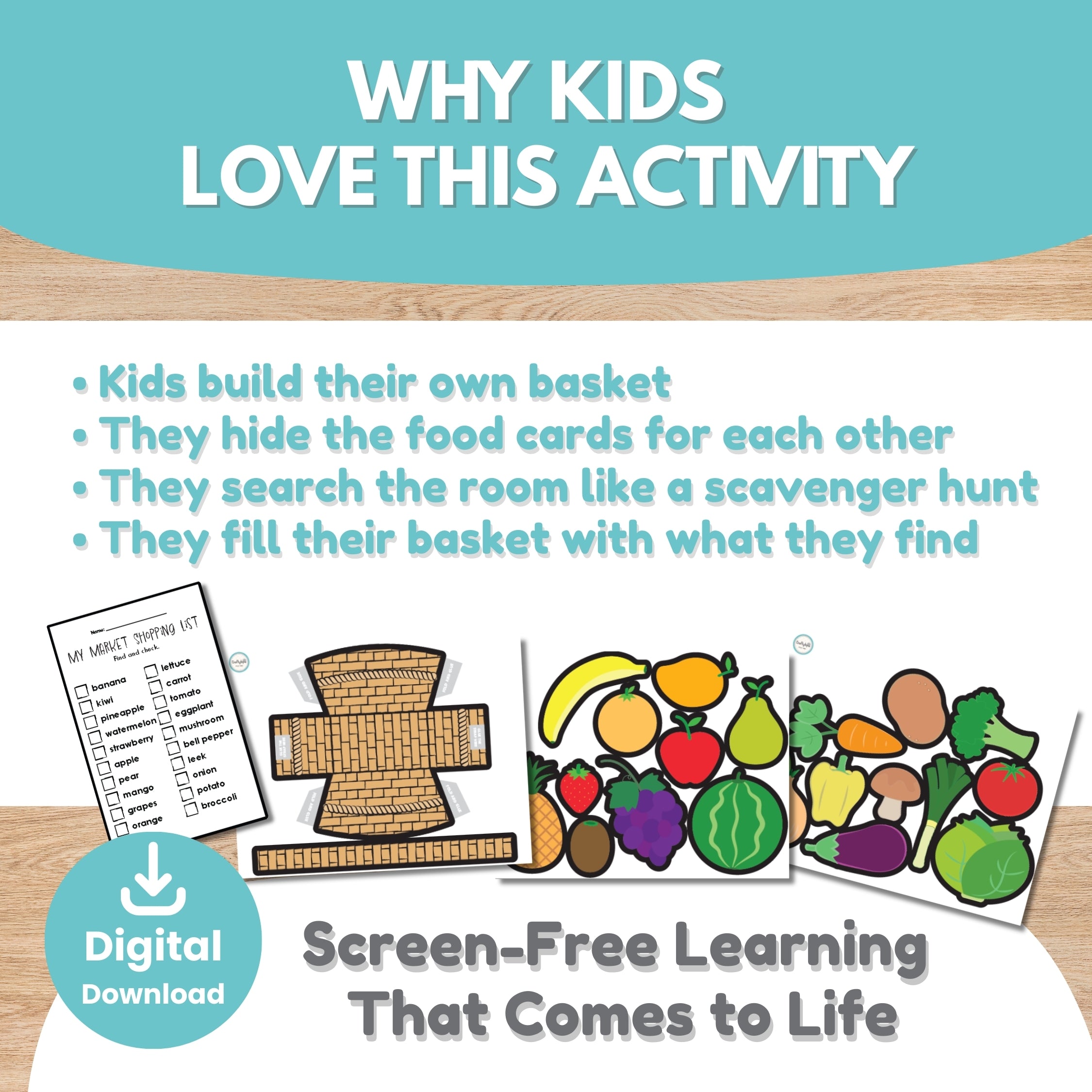 Fruit and vegetable scavenger hunt craft assembled basket example Craftytopia
