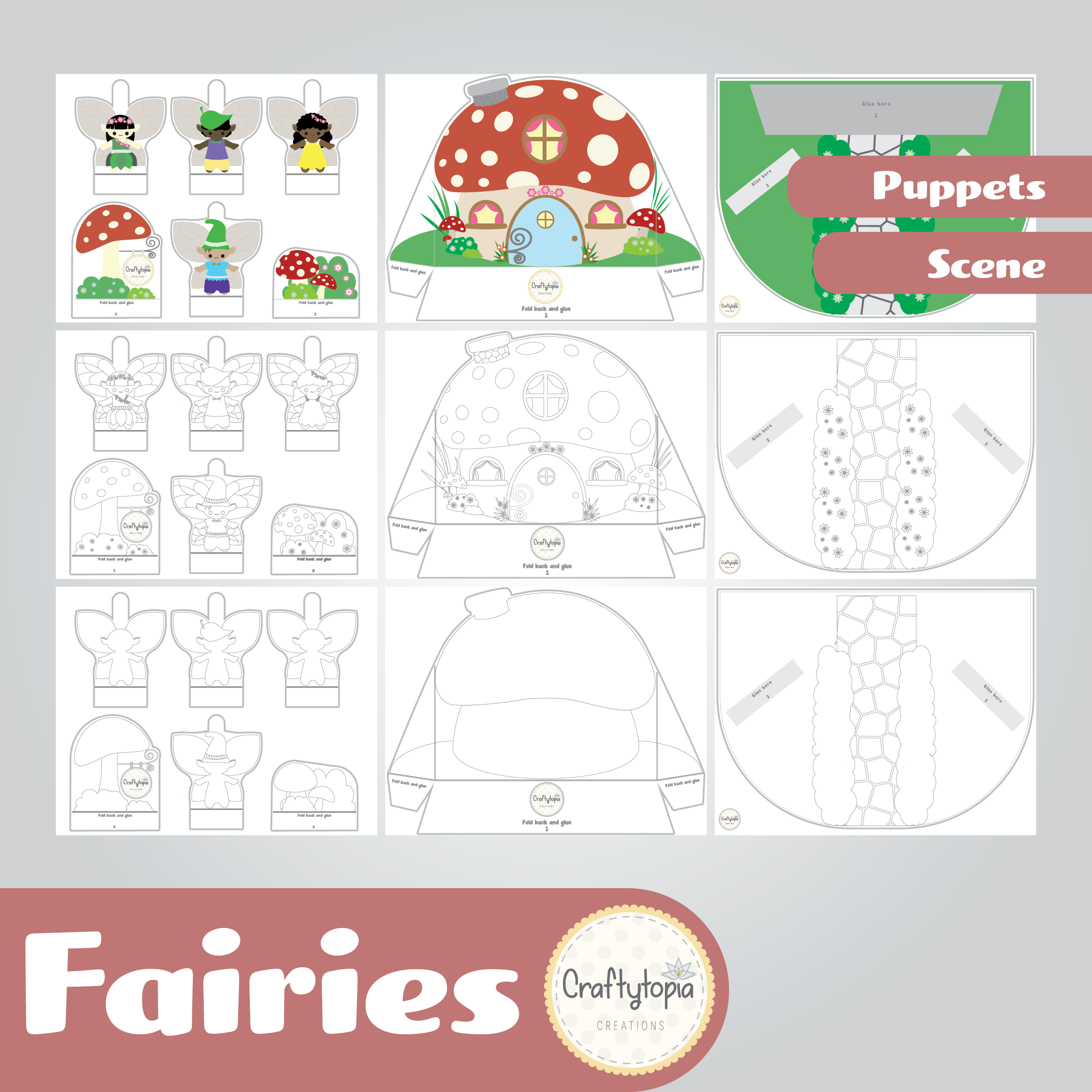 Printable Fairy Scene and Puppets Kids Activity for coloring