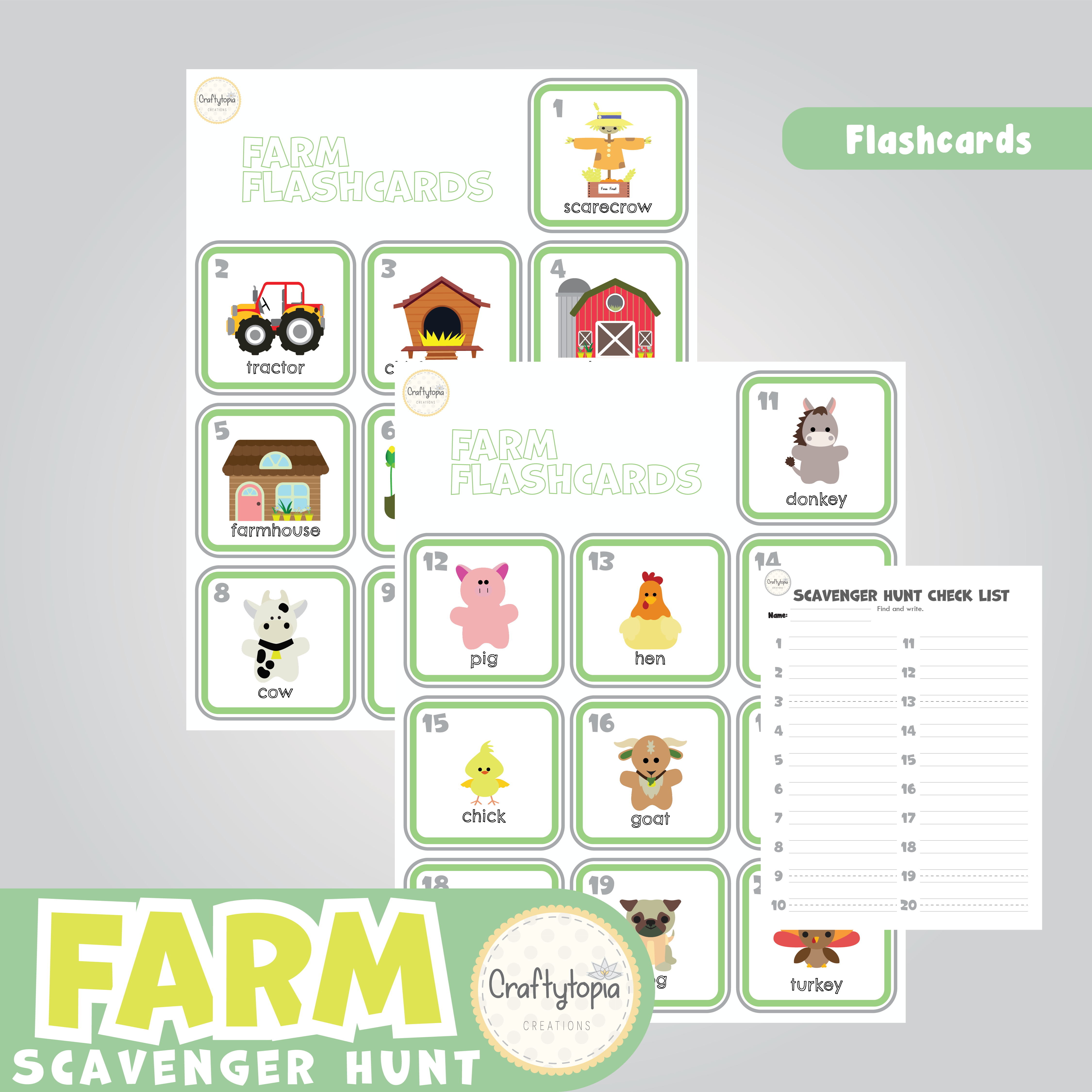 Printable Farm Animal Flashcards Scavenger Hunt Kids Activity in color