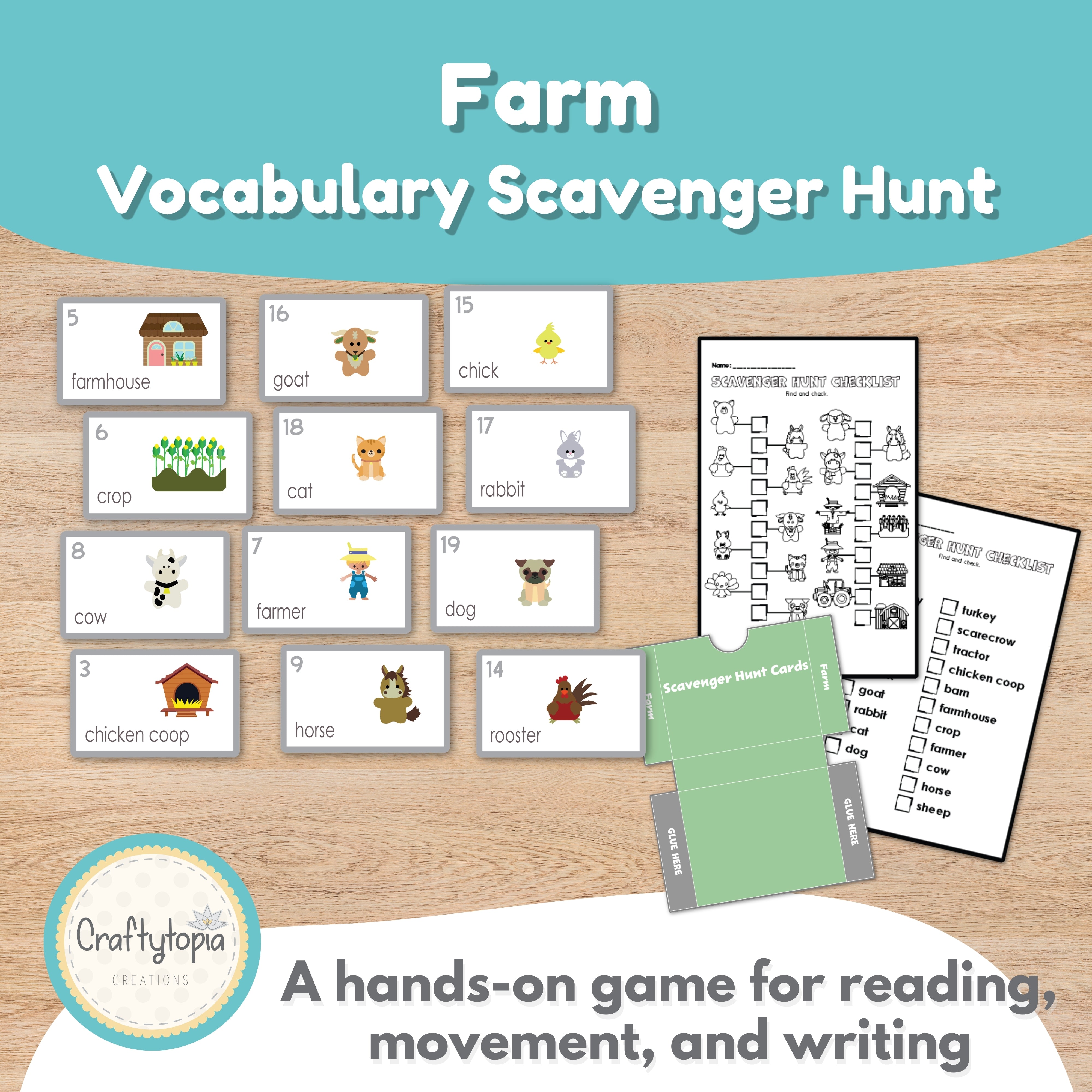 Farm scavenger hunt color flashcards for kindergarten — 20 illustrated farm vocabulary words including barn, tractor, and scarecrow