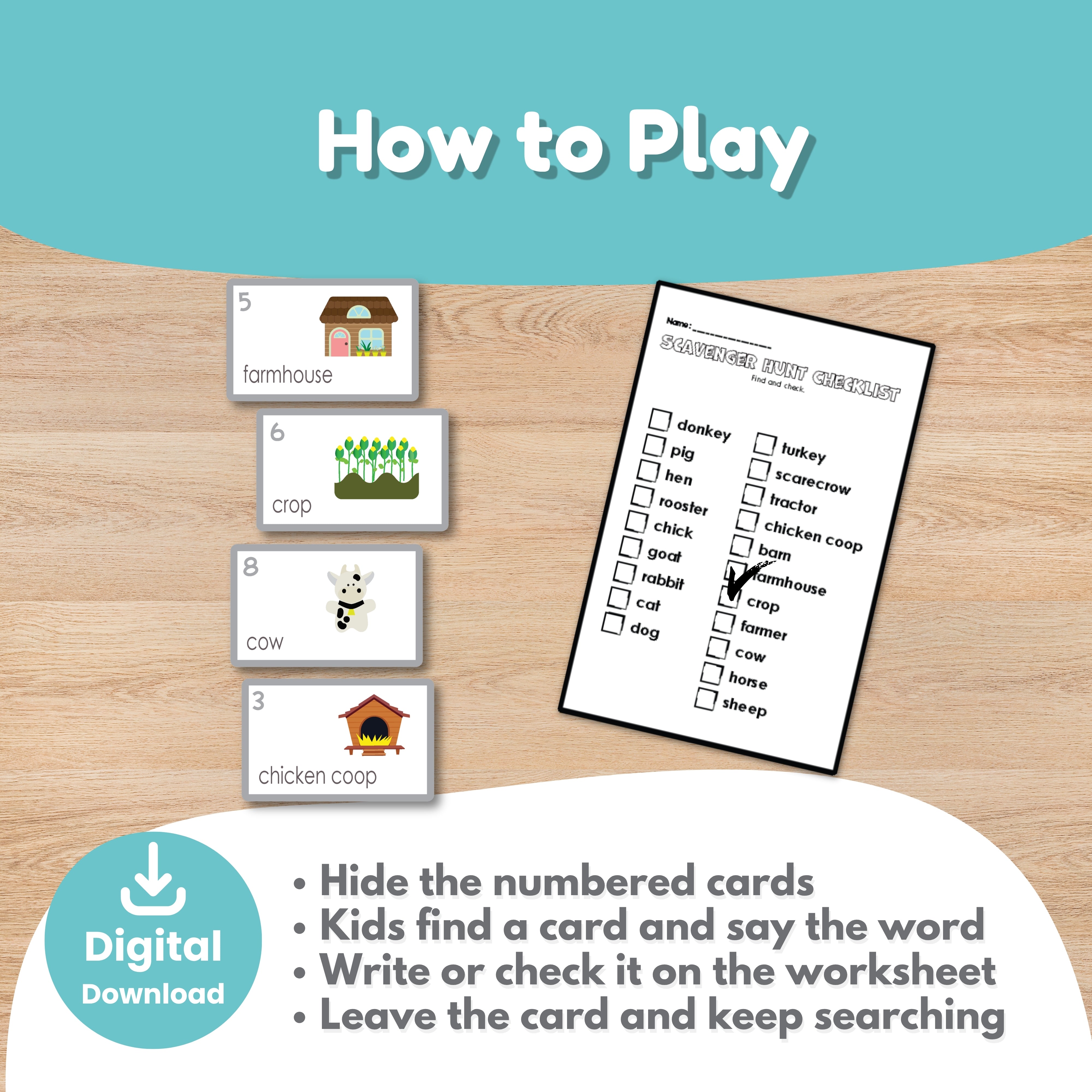 Farm scavenger hunt writing list worksheet for Pre-K — find and write all 20 farm words