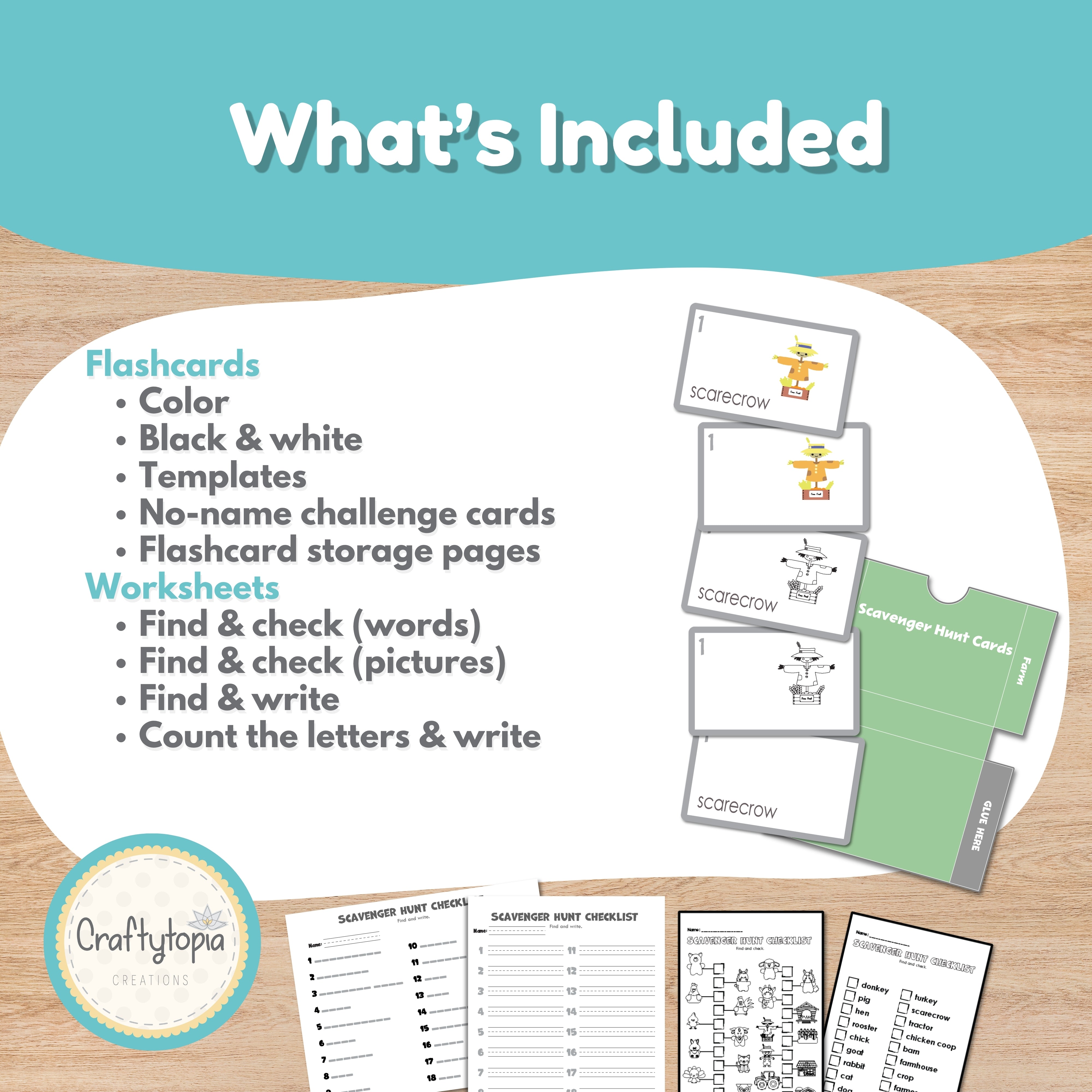 Farm scavenger hunt image-only checklist for 1st grade — match farm animals and structures by picture