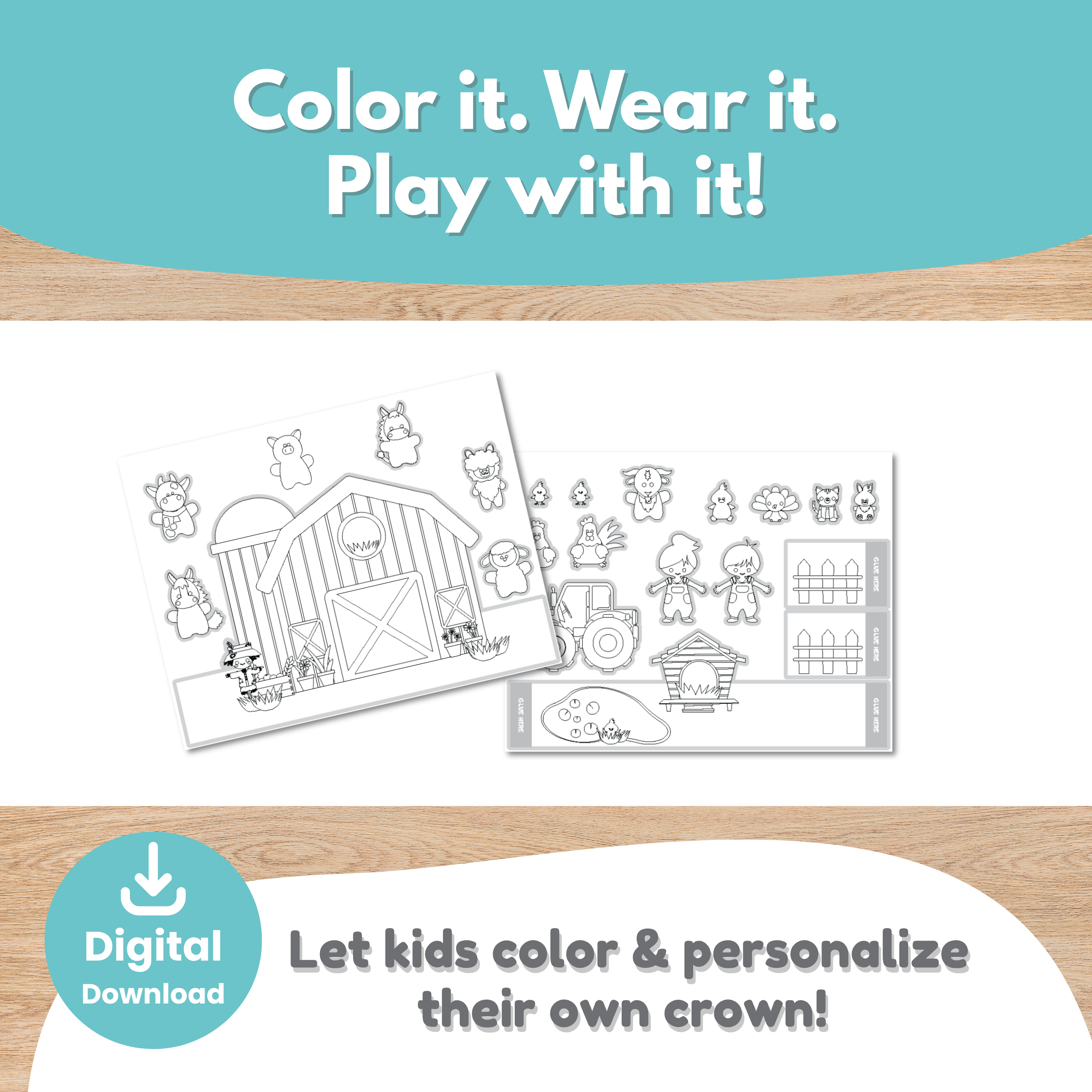 Printable Farm Crown Craft for Kids | Cut and Paste Activity | Farm Animals Dramatic Play