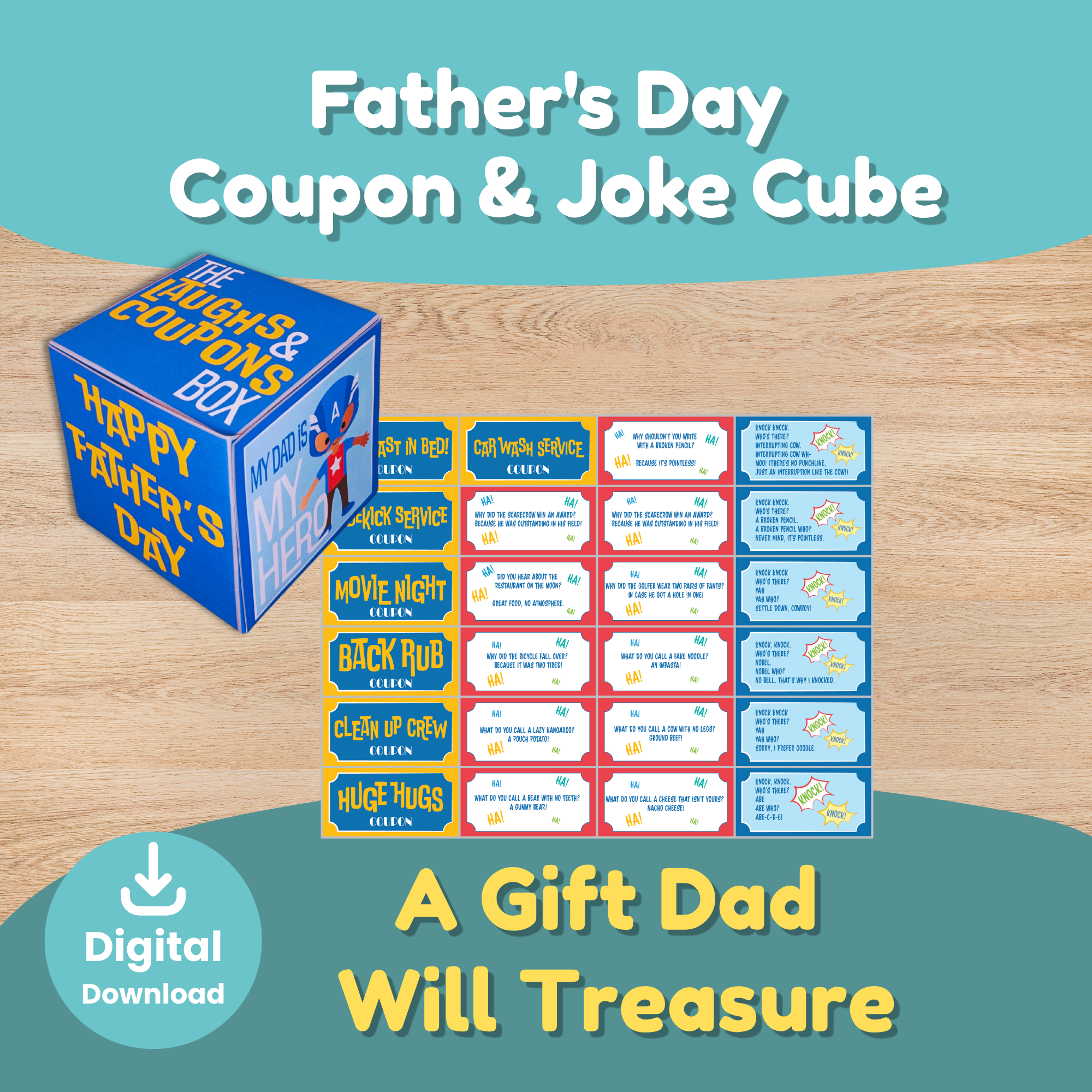 Father's Day printable coupon cube with #1 Dad award badge and coupon cards. Creative gift idea for kids to make for Dad.