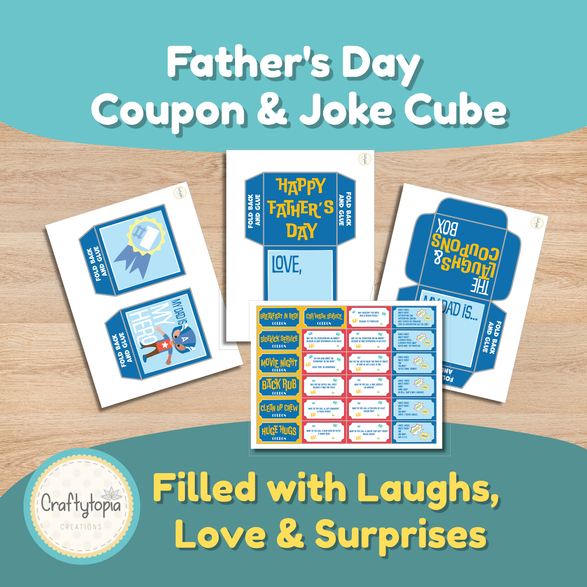 Color version of Father's Day coupon cube craft. Ready-to-print printable gift activity for preschool, kindergarten, and elementary students.
