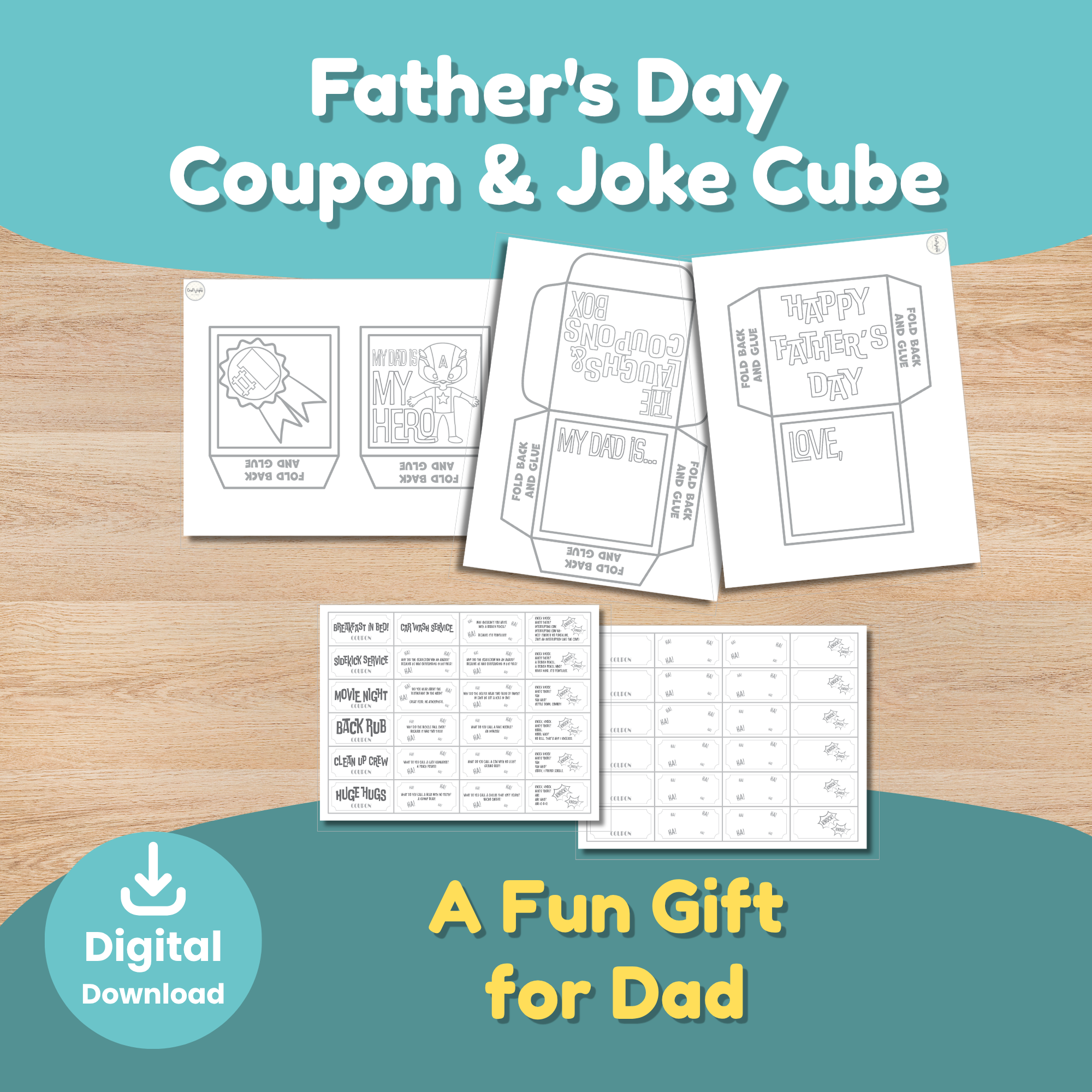 Black-and-white Father's Day coupon cube printable for kids to color, personalize, and gift to Dad. Includes jokes and coupons.
