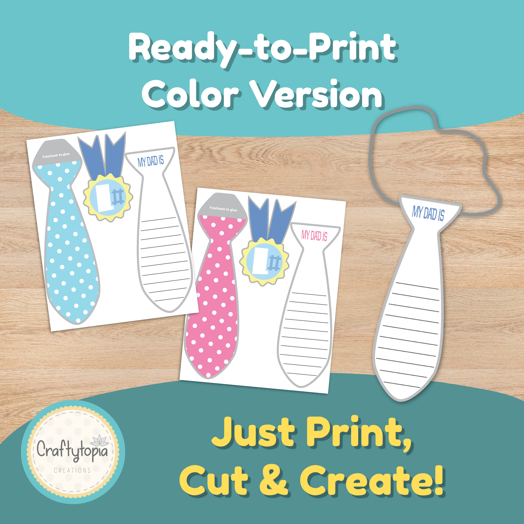 Ready-to-print Father's Day tie craft template in color, simple low-prep activity for preschool, kindergarten, and elementary students.