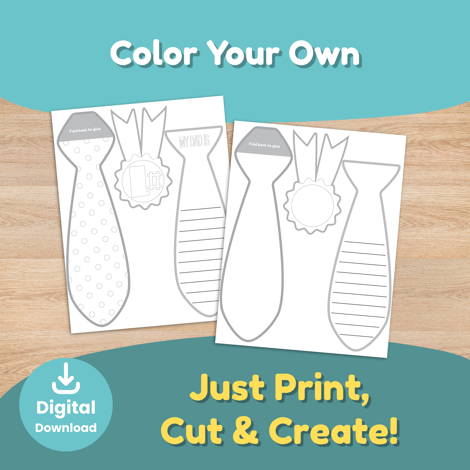 Color-your-own Father's Day tie craft printable, black and white template for kids to decorate and personalize for Dad.