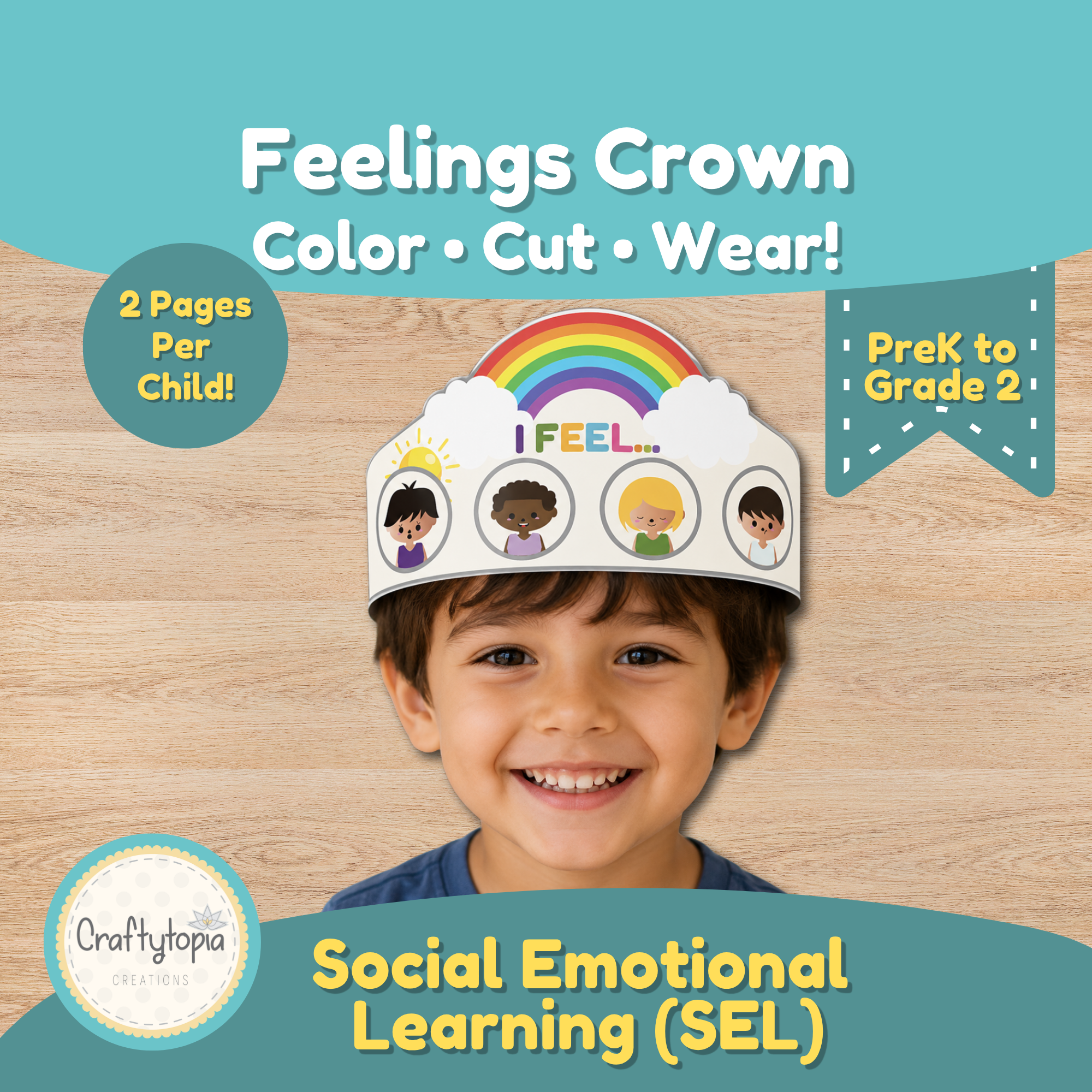 Feelings crown printable craft for kids featuring a child wearing a colorful emotions crown with different facial expressions, designed for social emotional learning and feelings recognition.