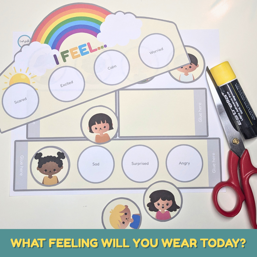 A simple cut and paste feelings craft for preschool and early elementary children. Kids color, cut, and build their own emotion-themed crown while learning about feelings.